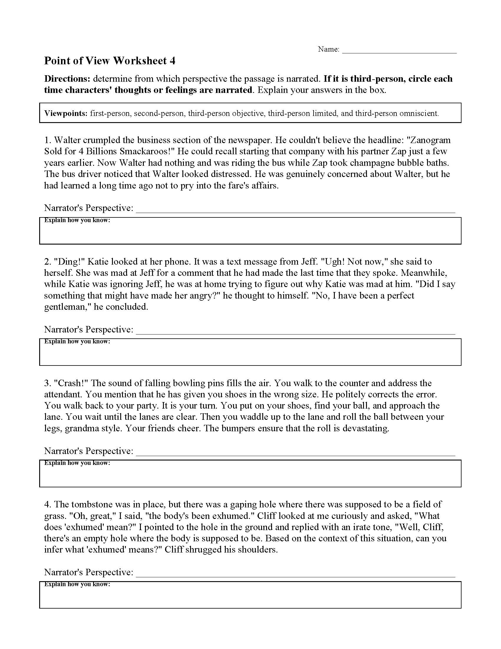 Point of View Worksheets | Reading Activities