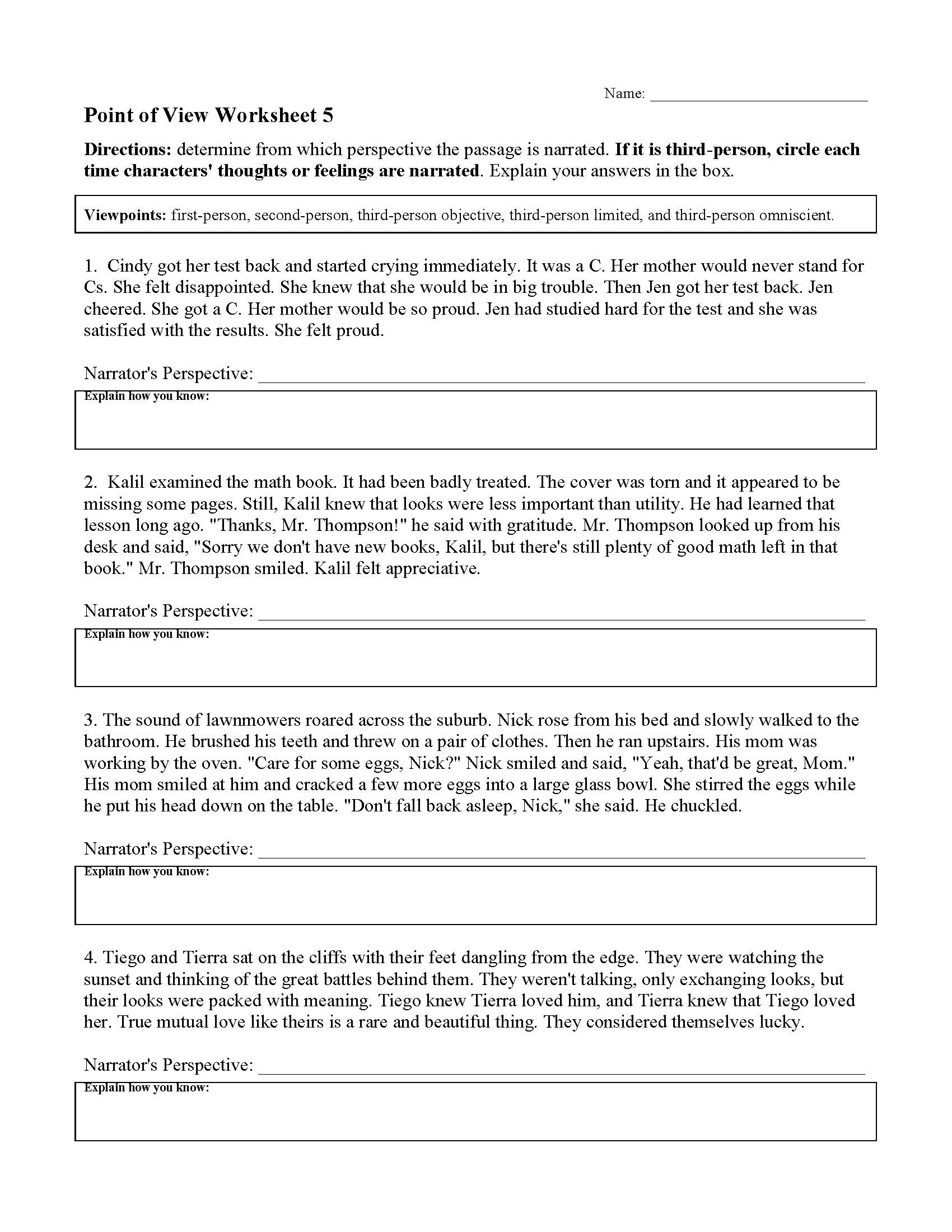 Point of View Worksheet 11  Preview For Point Of View Worksheet