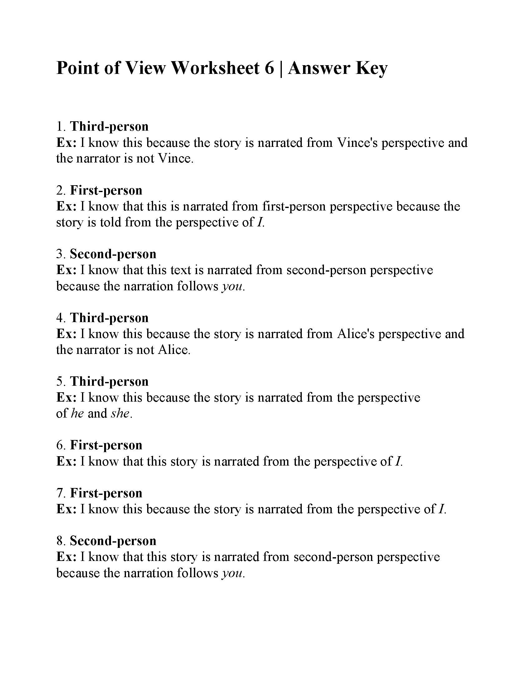 Point Of View Worksheet 6 Answers Point Of View Worksheet 6 Answers