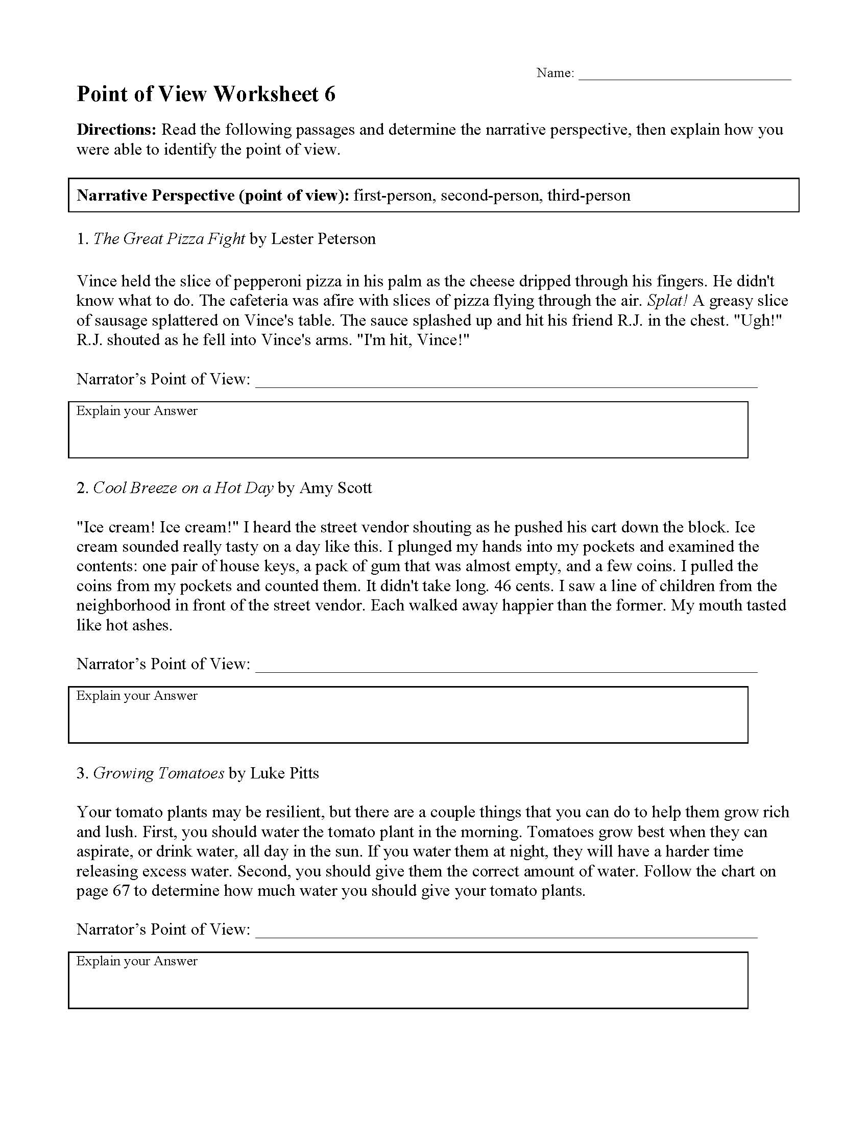Point Of View Worksheet 6 Reading Activity
