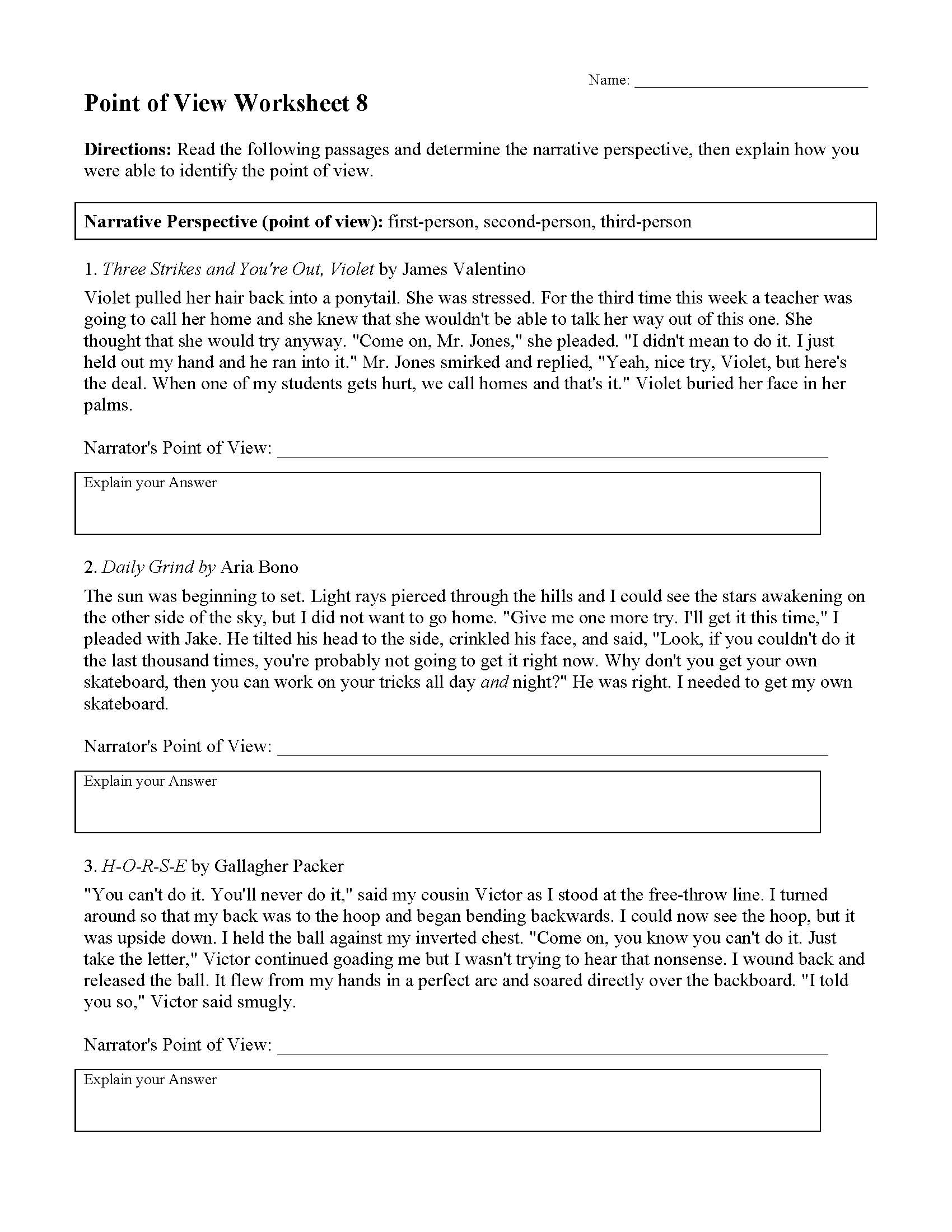 4th Grade Point Of View Worksheets