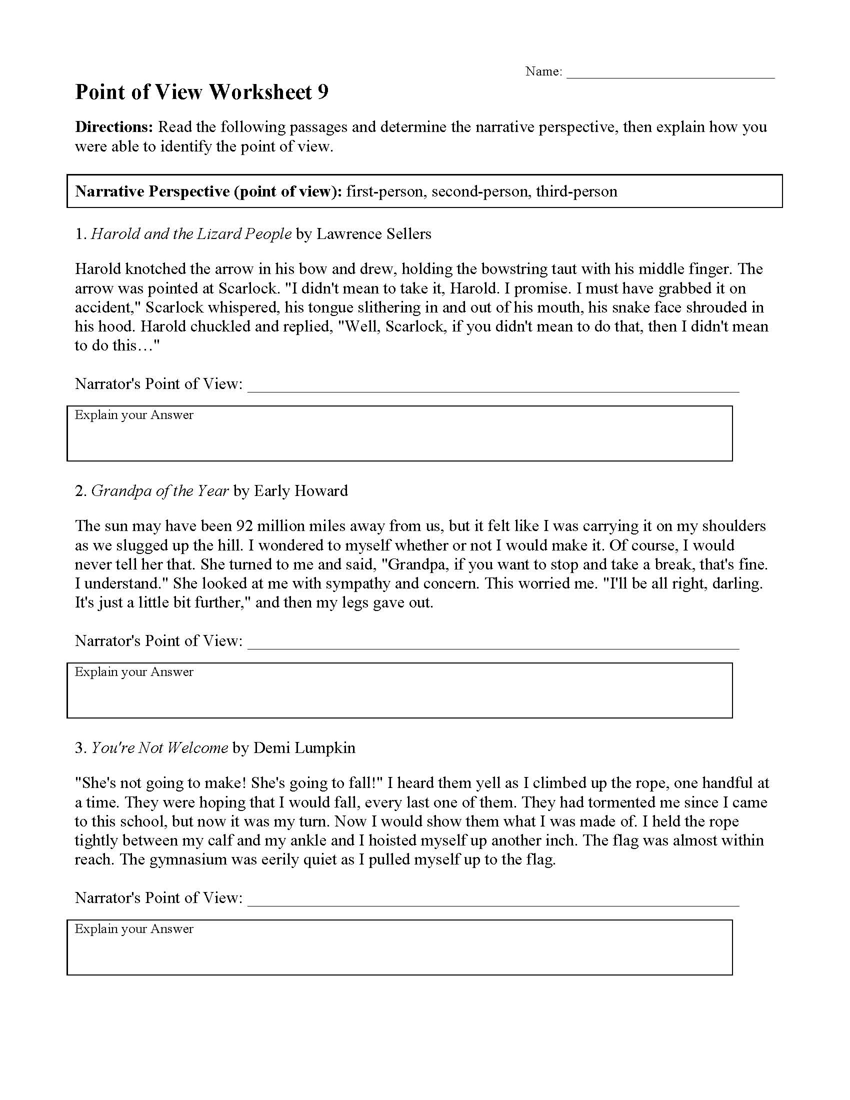 Point Of View Worksheet 9 Reading Activity