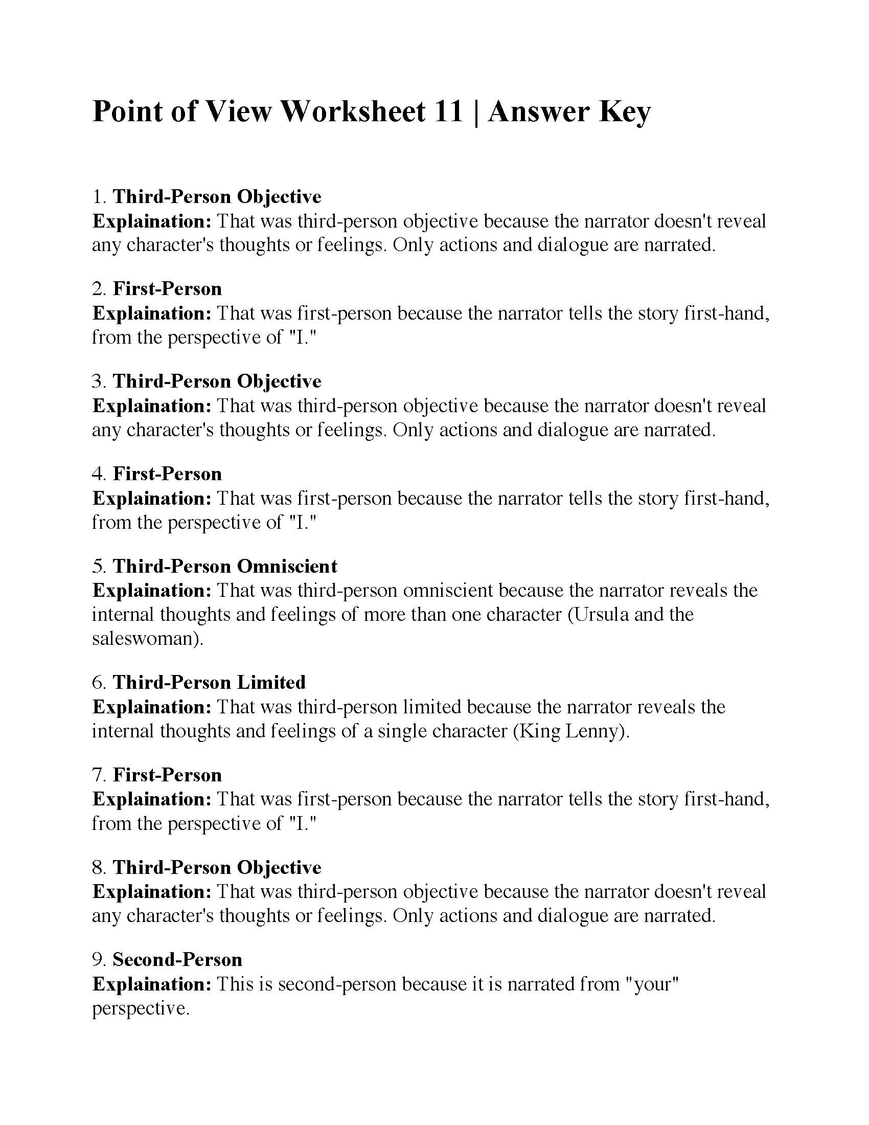 Point of View Worksheet 11  Answers