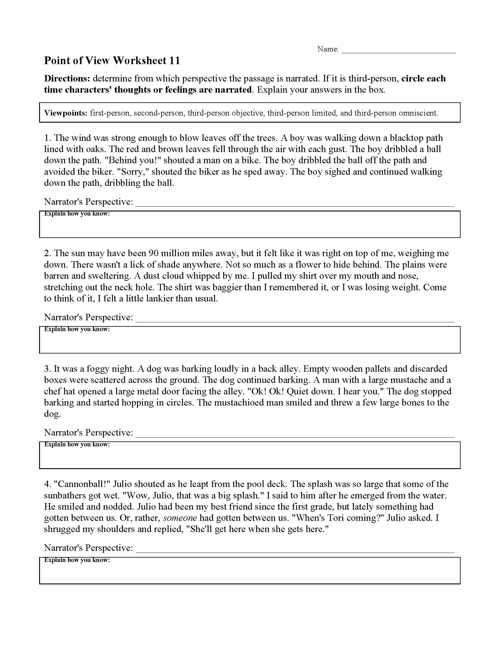 Point of View Worksheet 20  Preview Intended For Point Of View Worksheet 11