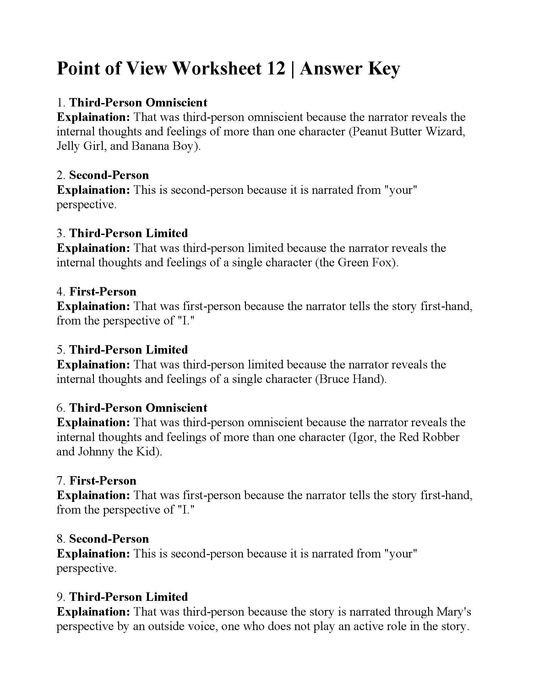 Point Of View Worksheet 12 Answers