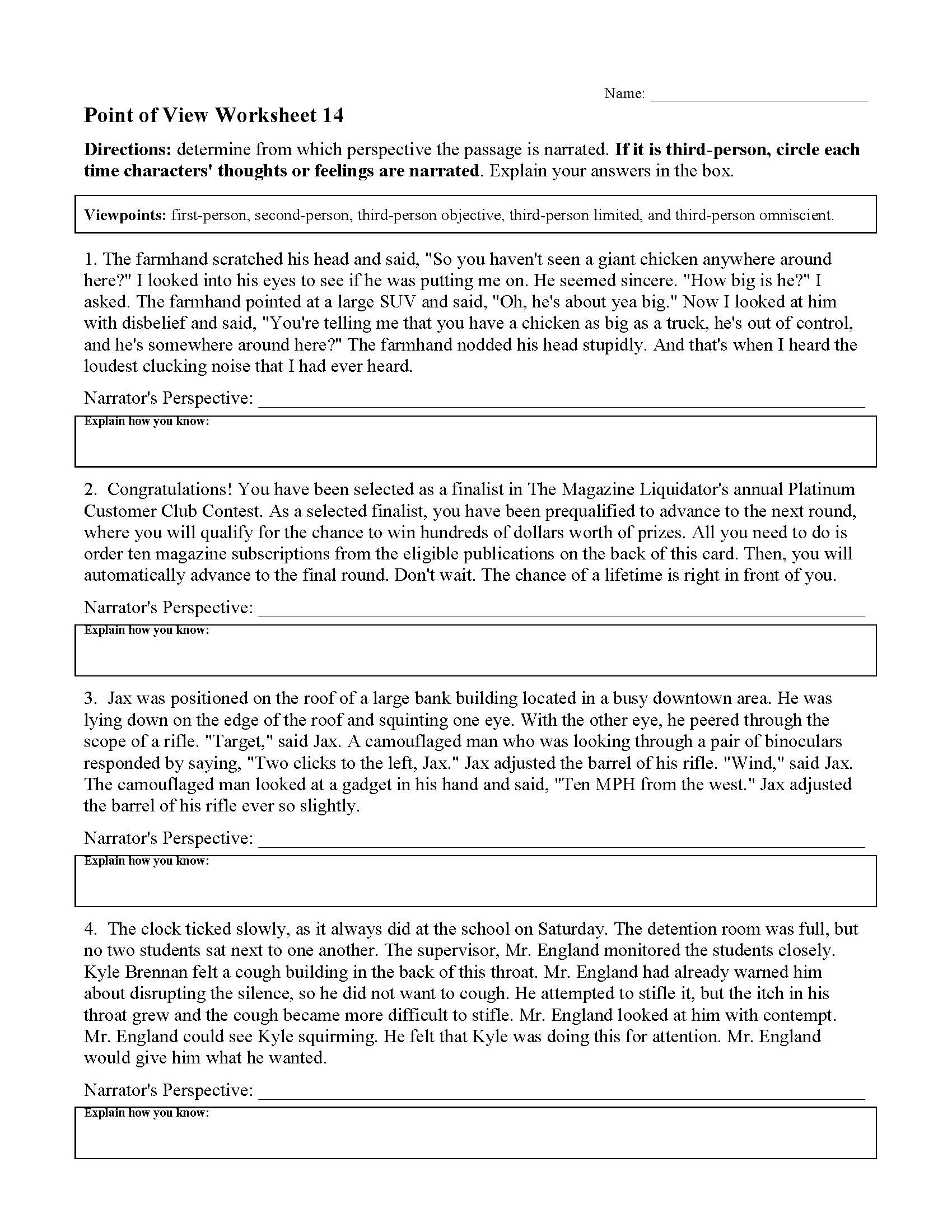 Point of View Worksheets | Reading Activities