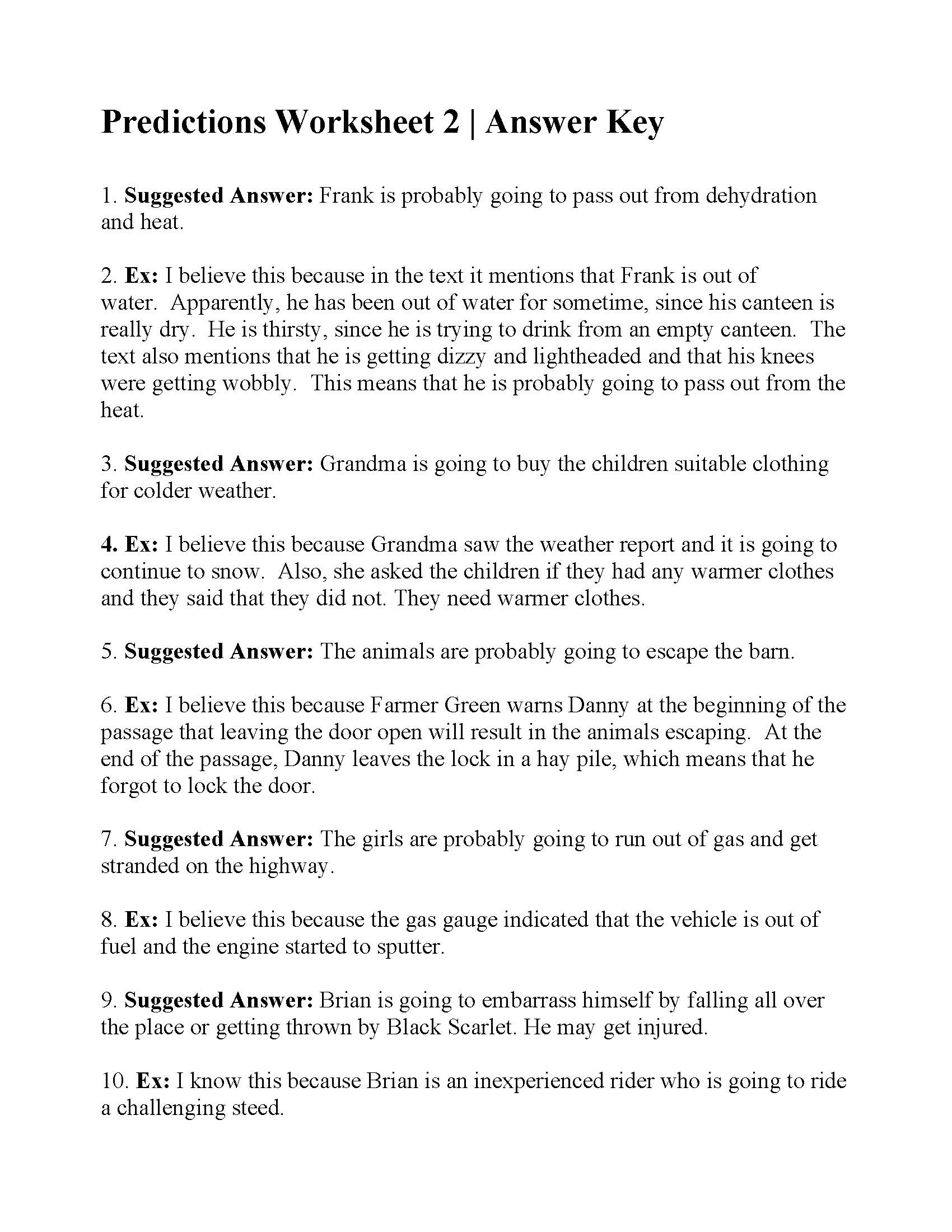 Making Predictions Worksheet 2 Reading Activity