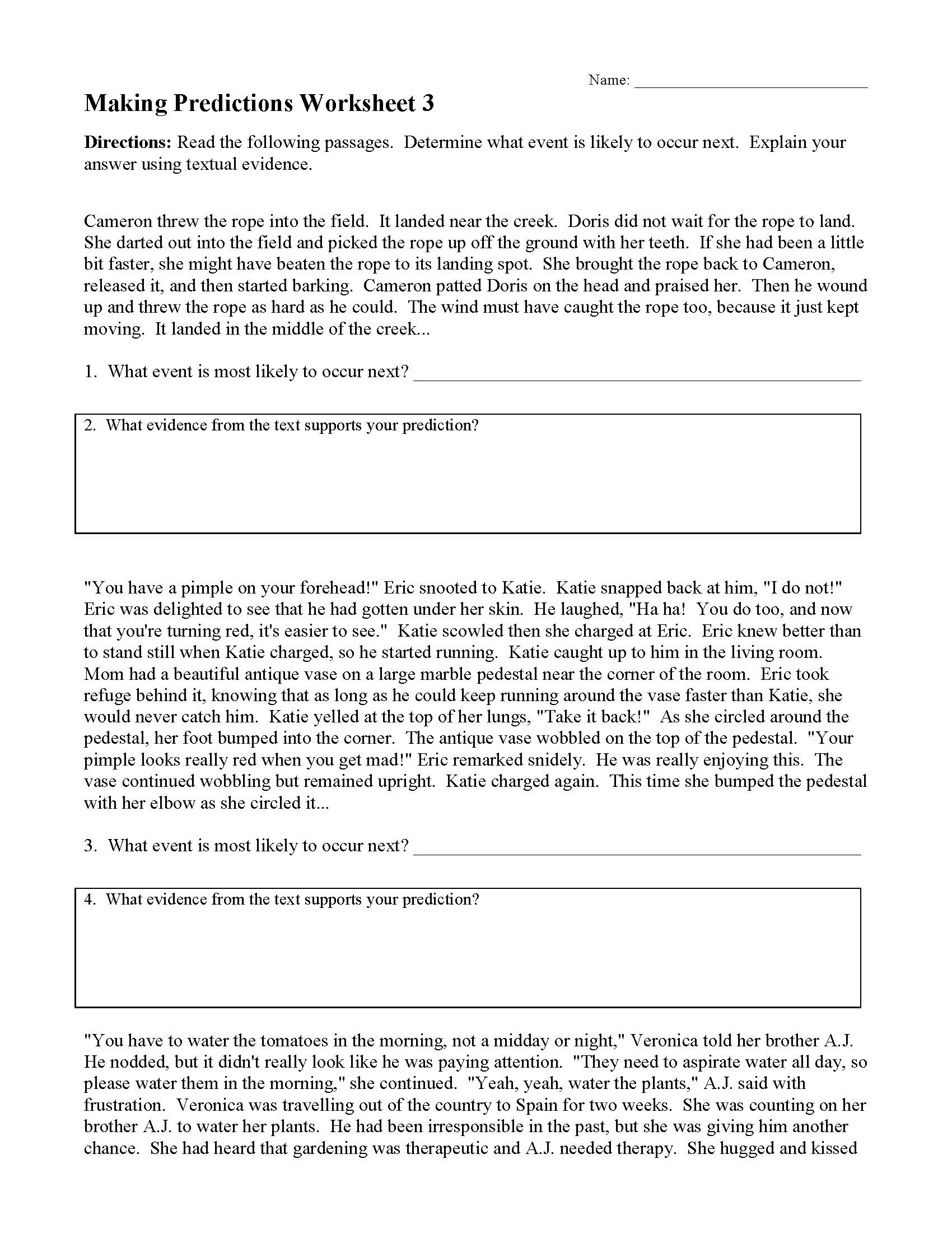 Making Predictions Worksheet 3 Reading Activity