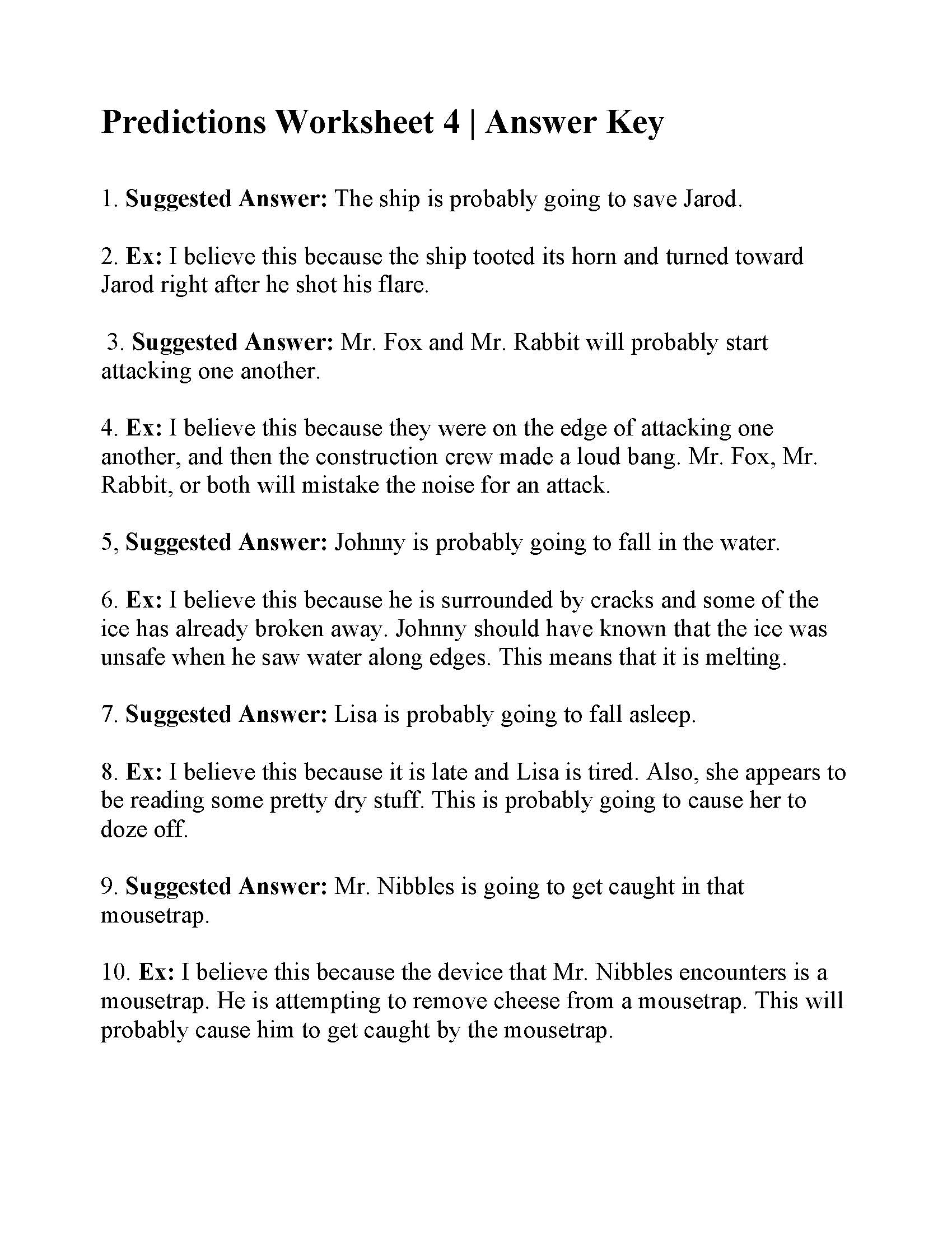 Making Predictions Worksheets With Answers