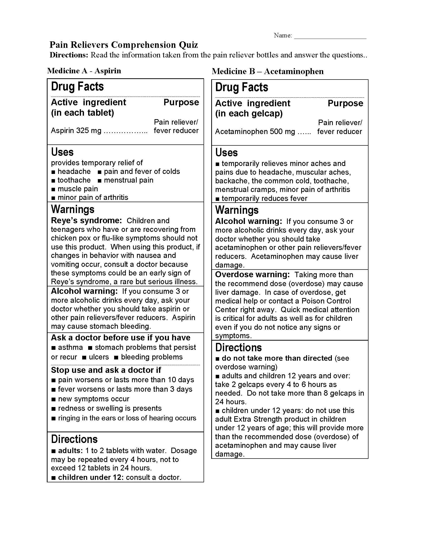 This is a preview image of Pain Reliever Comparison. Click on it to enlarge it or view the source file.