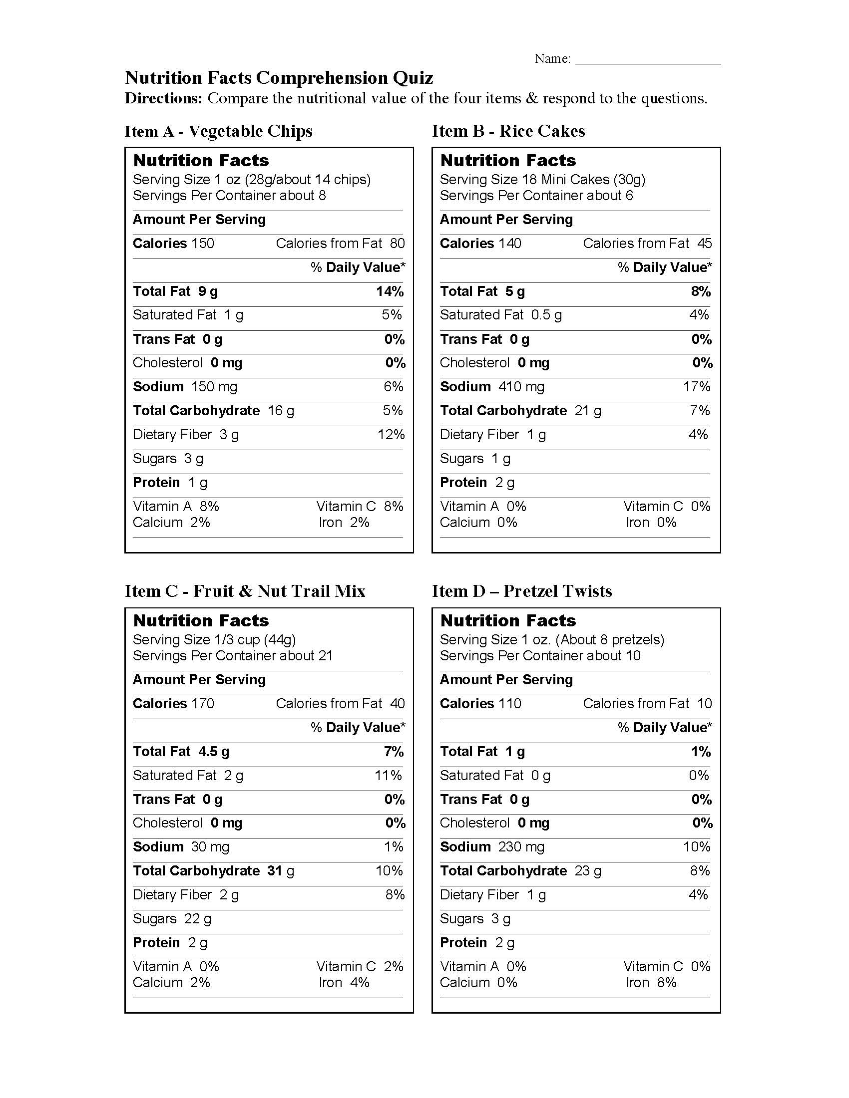 Nutritional Facts Comparision  Nonfiction Reading Activity Inside Nutrition Label Worksheet Answer