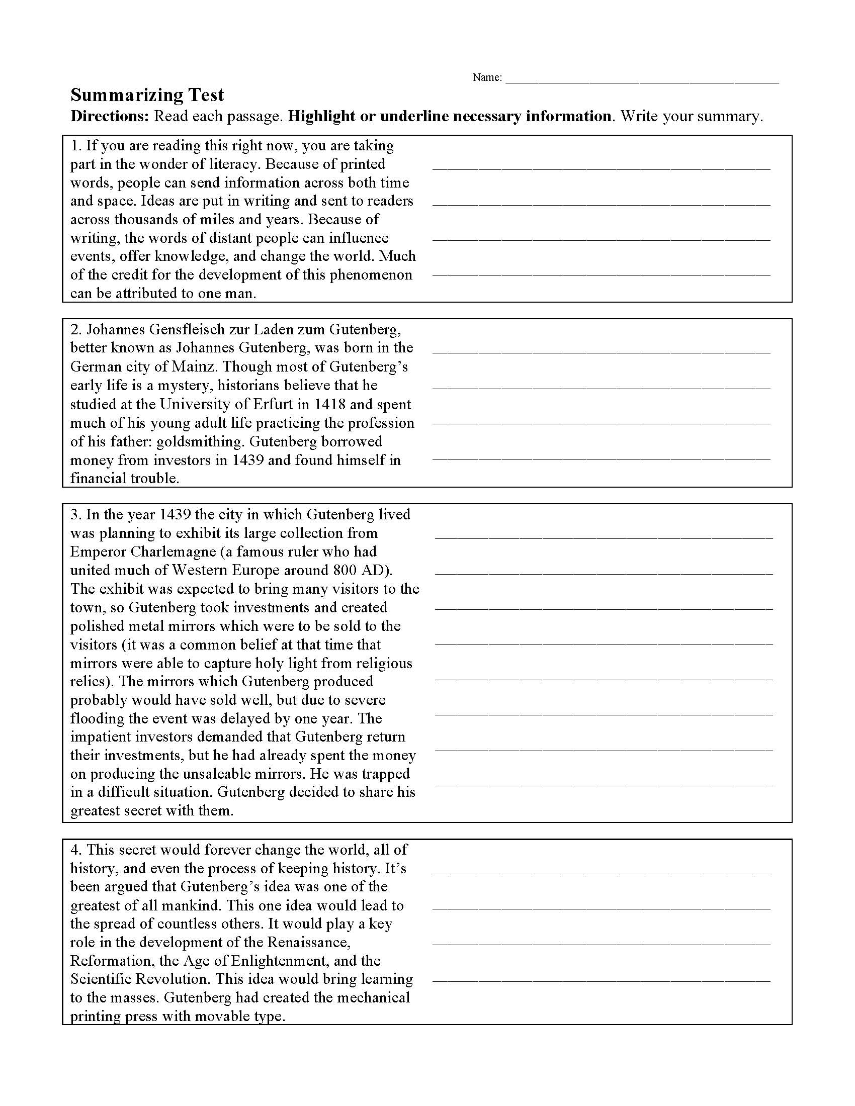 SUMMARY WORKSHEETS  Ereading Worksheets