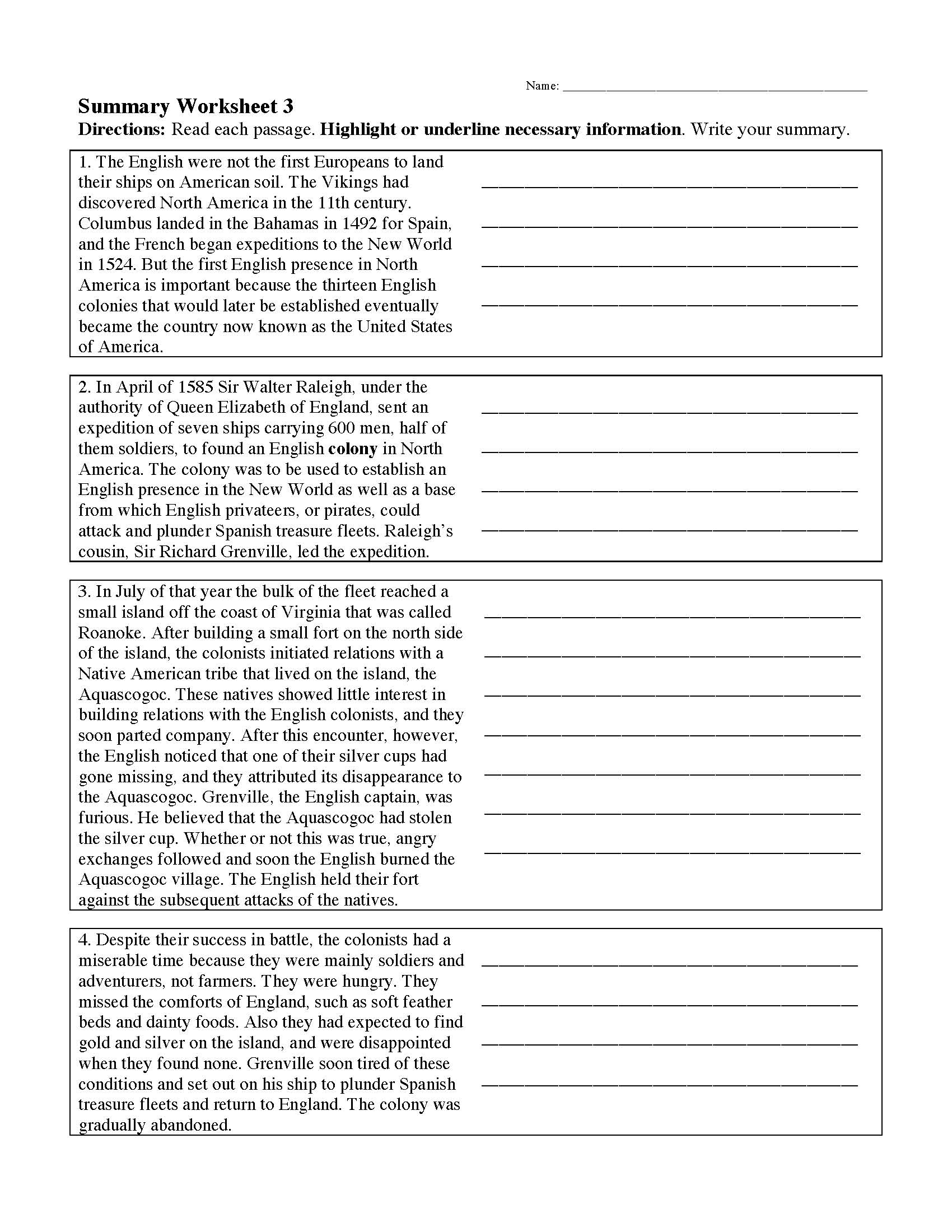 SUMMARY WORKSHEETS  Ereading Worksheets