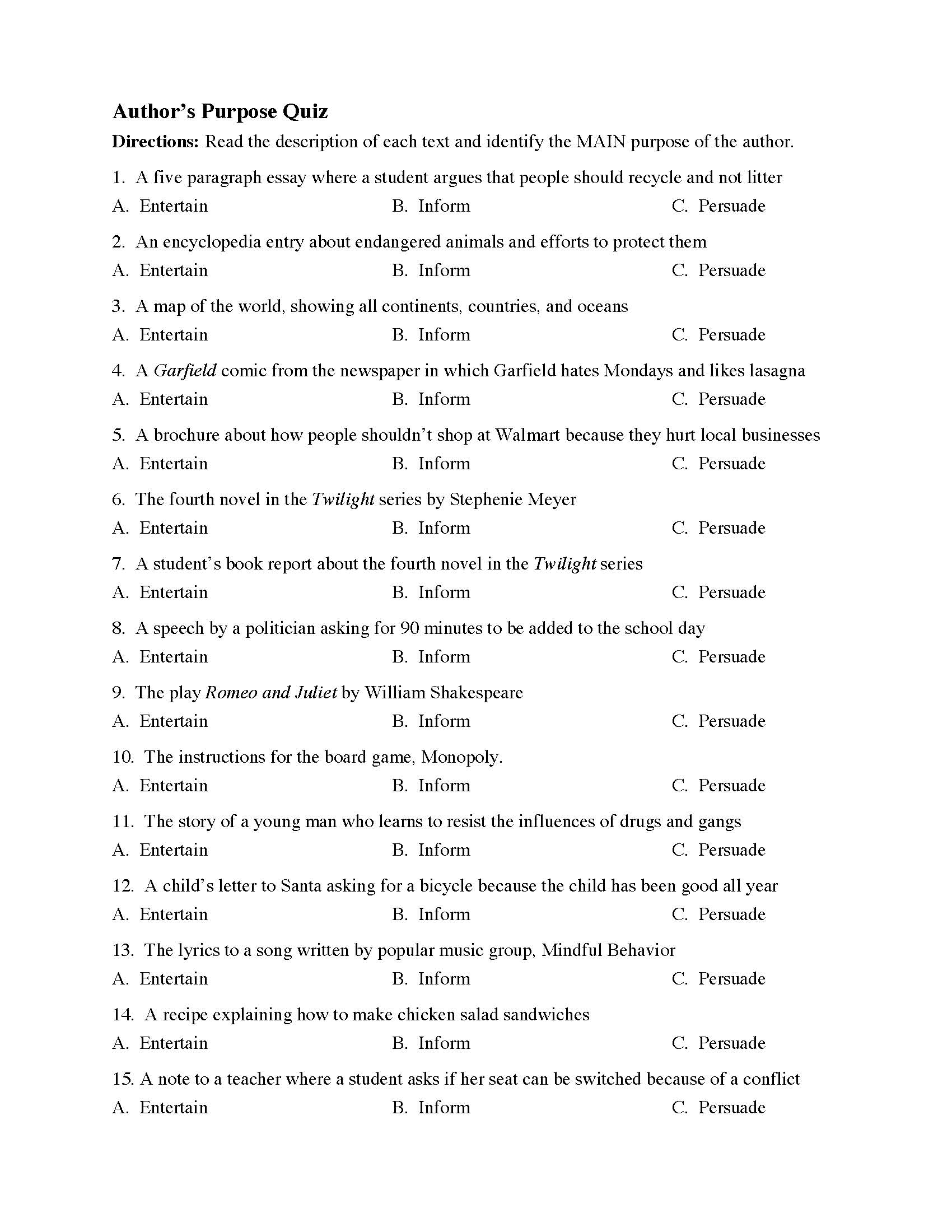 Author s Purpose Third Grade Worksheet
