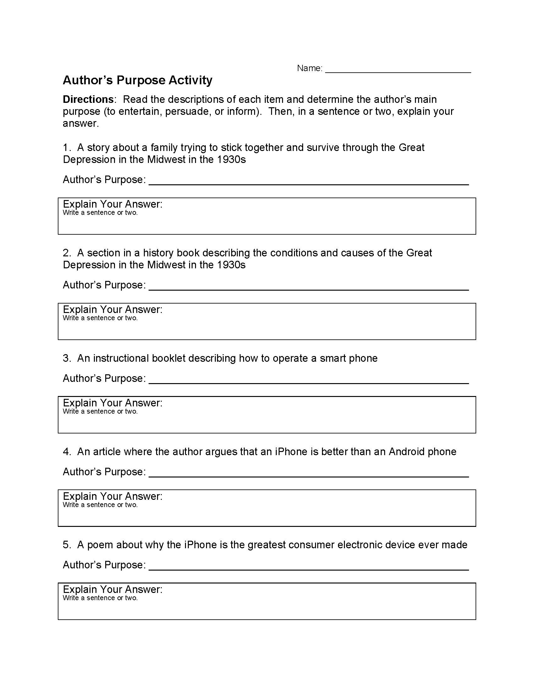 This is a preview image of Author's Purpose Worksheet 1. Click on it to enlarge it or view the source file.