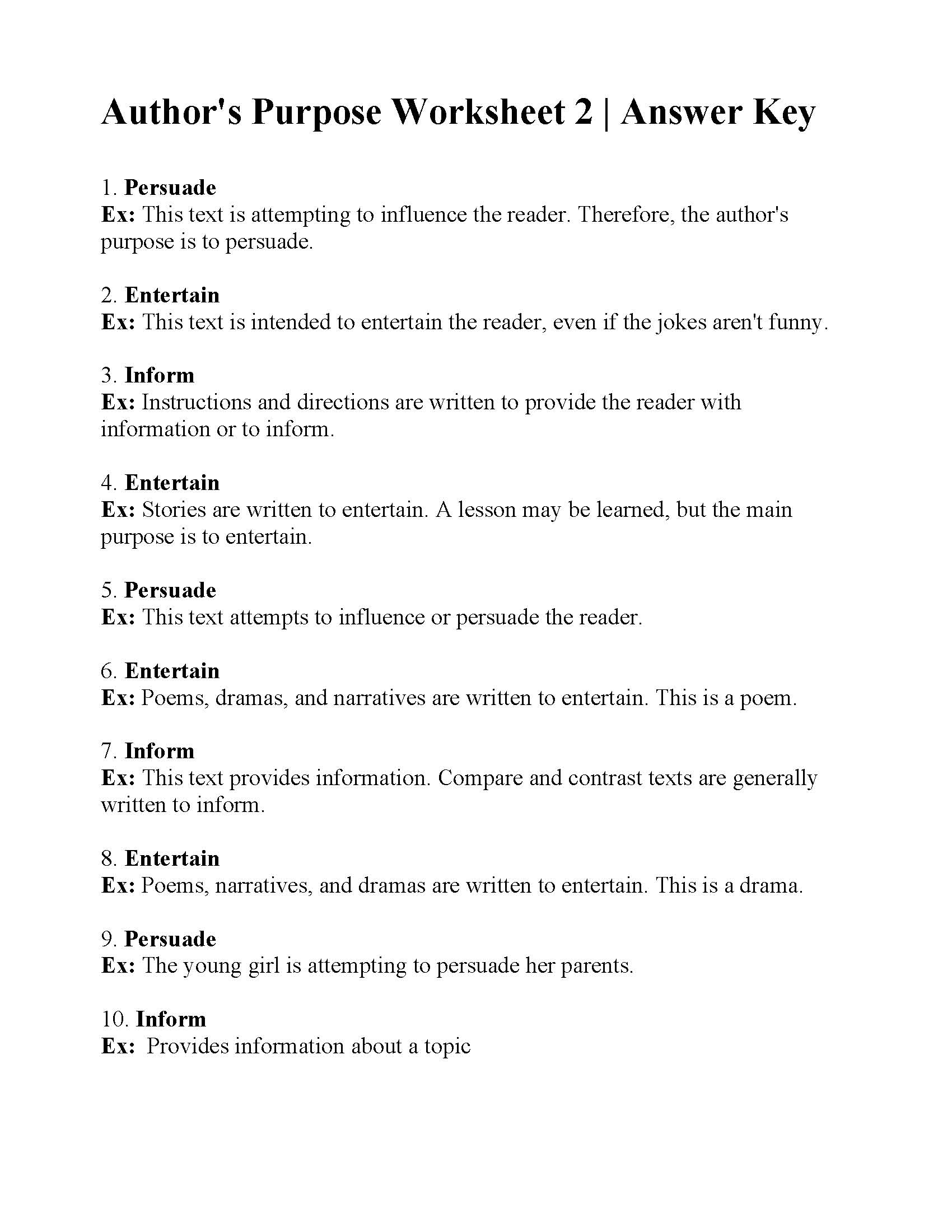 Author's Purpose Worksheet 2 | Answers