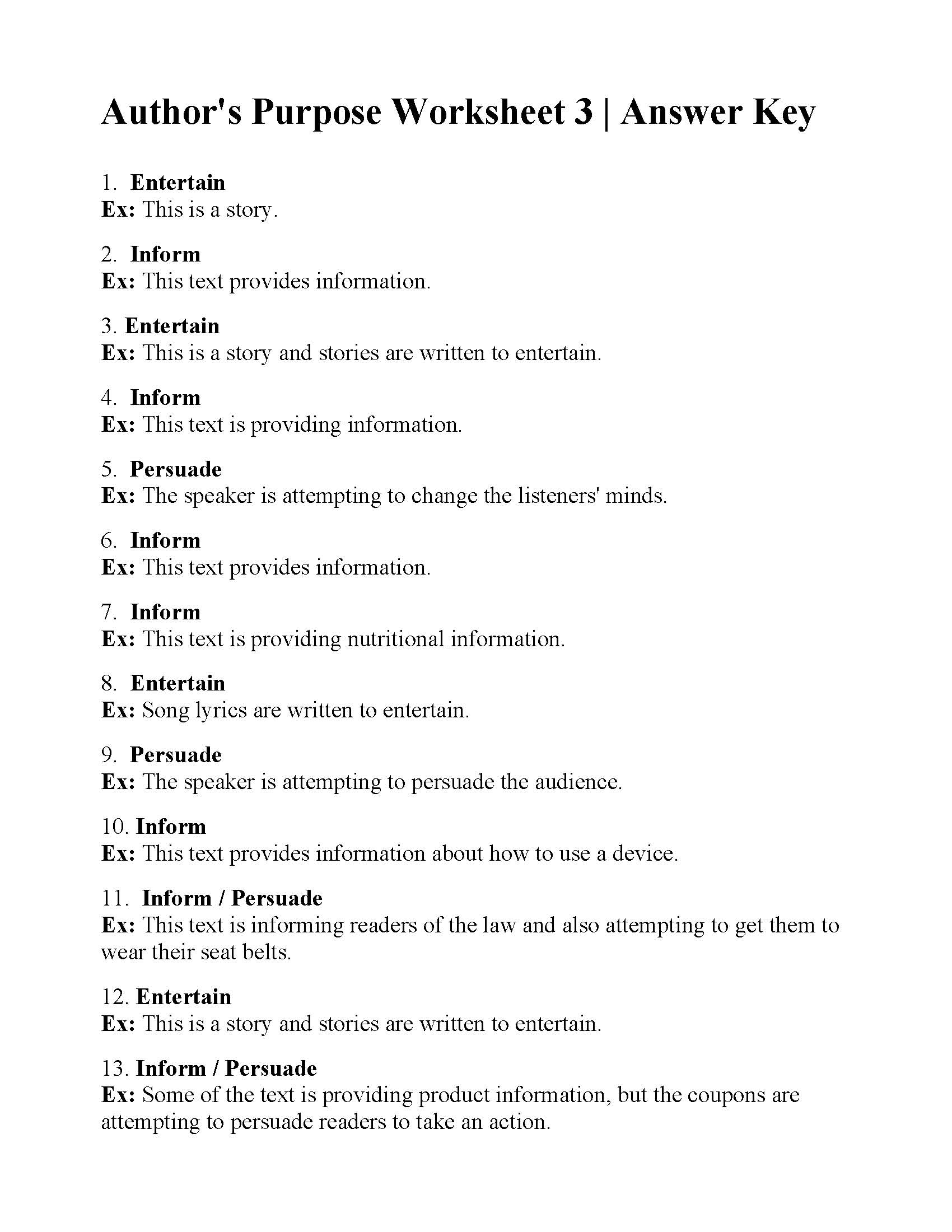This is a preview image of Author's Purpose Worksheet 3. Click on it to enlarge it or view the source file.