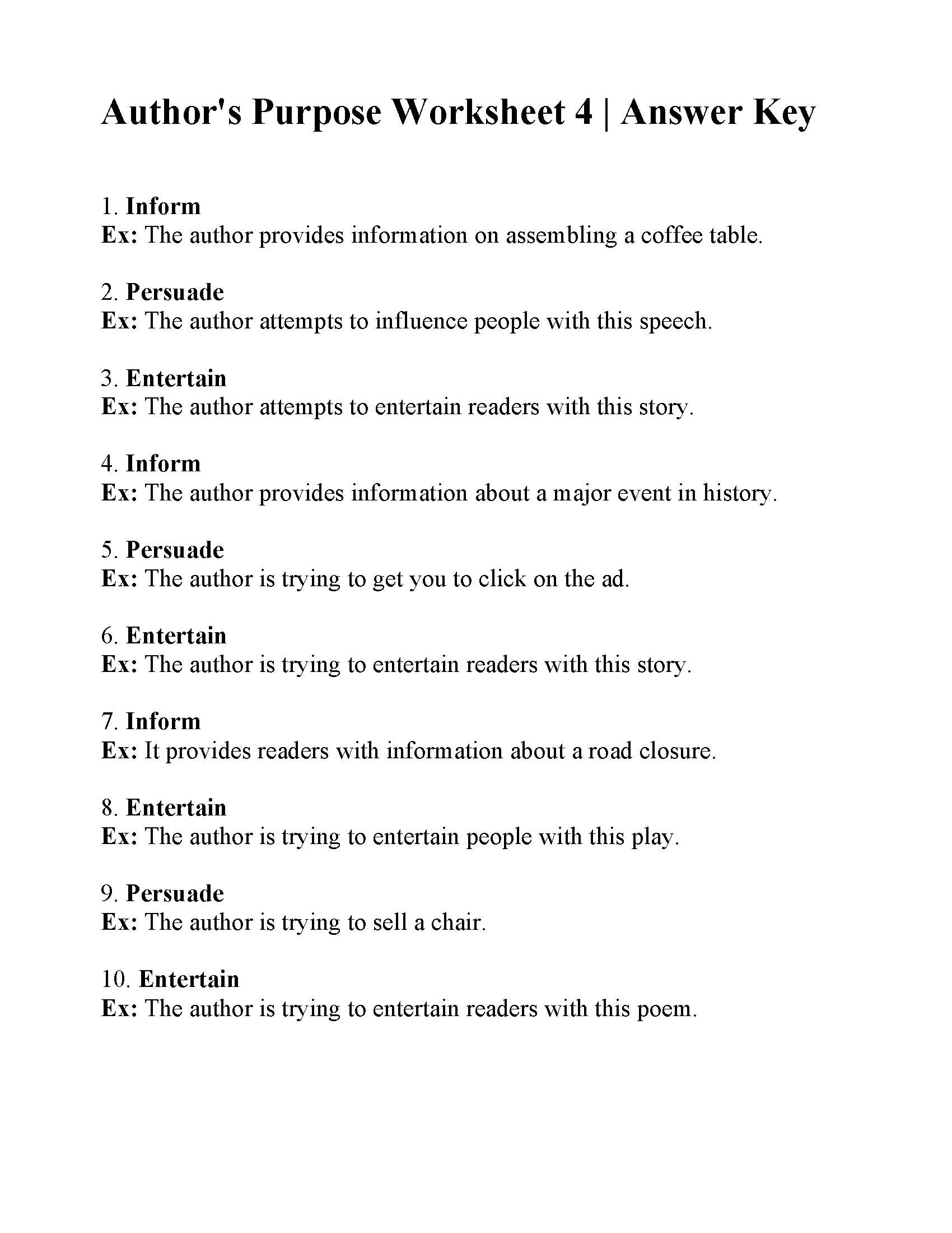 Author's Purpose Worksheet 4 | Reading Activity