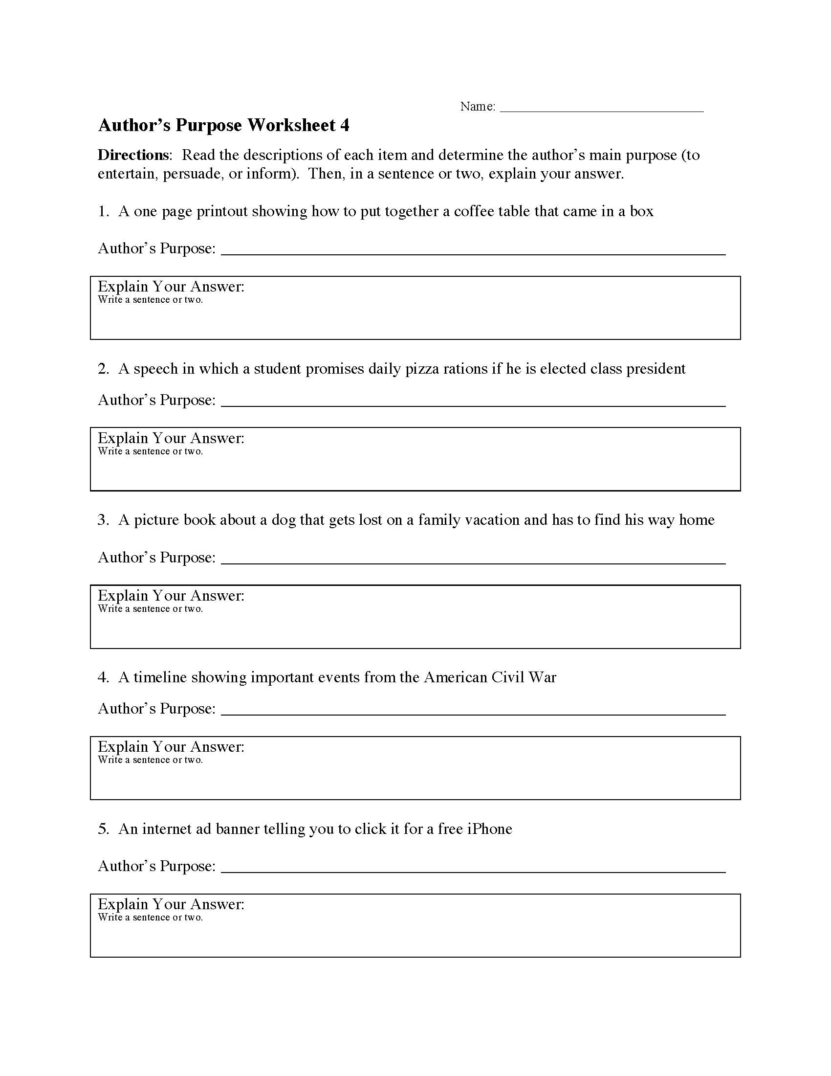 This is a preview image of Author's Purpose Worksheet 4. Click on it to enlarge it or view the source file.
