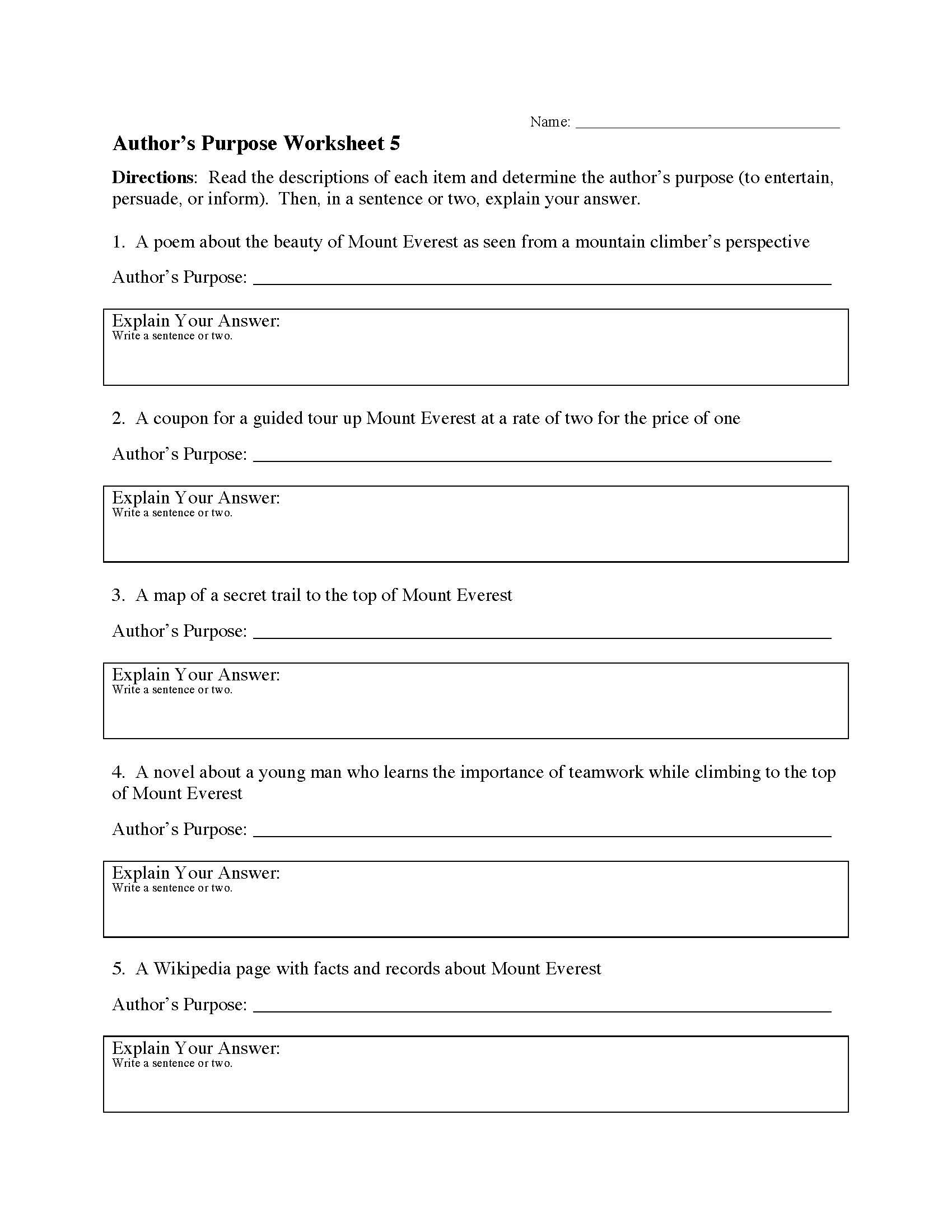 This is a preview image of Author's Purpose Worksheet 5. Click on it to enlarge it or view the source file.
