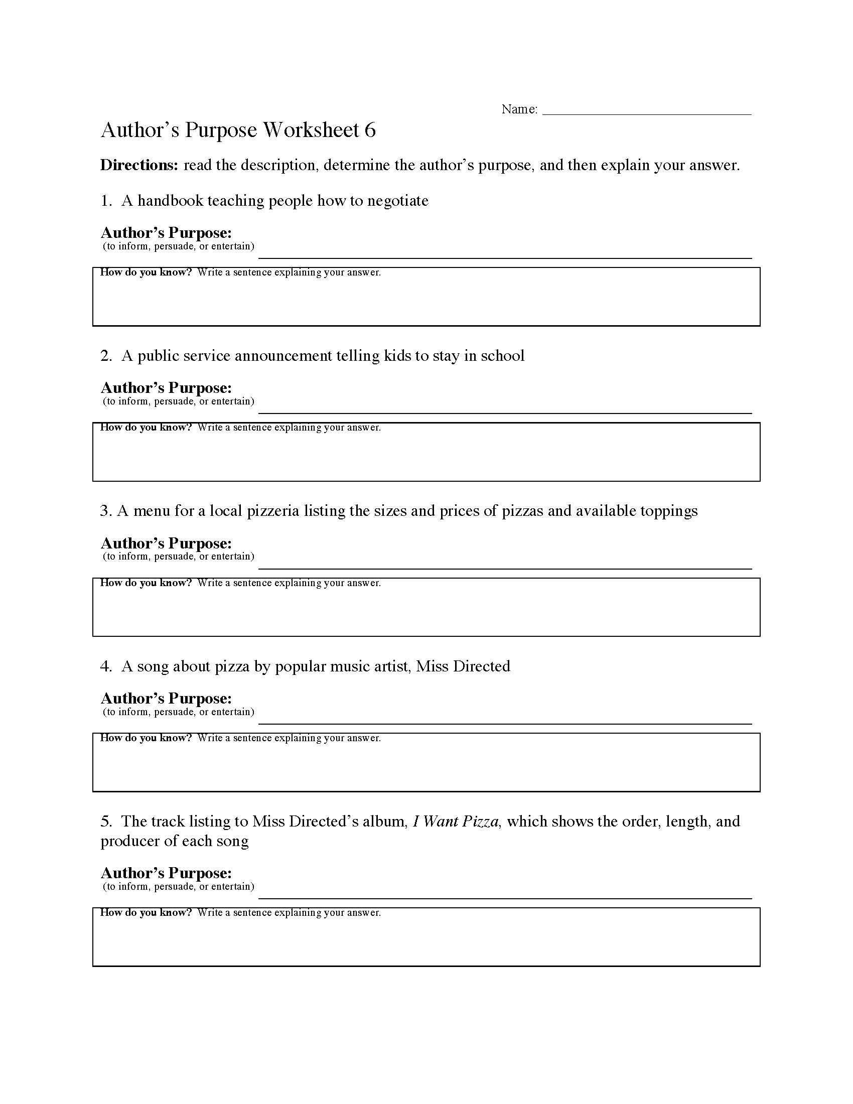 This is a preview image of Author's Purpose Worksheet 6. Click on it to enlarge it or view the source file.
