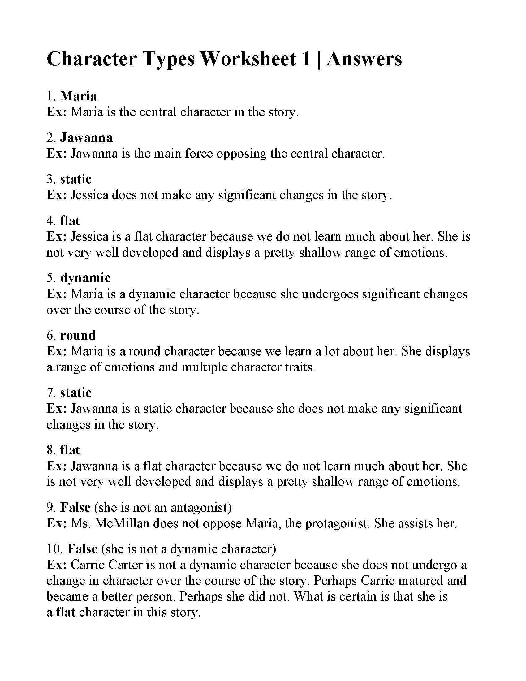 Character Types Worksheet 1 | Reading Activity
