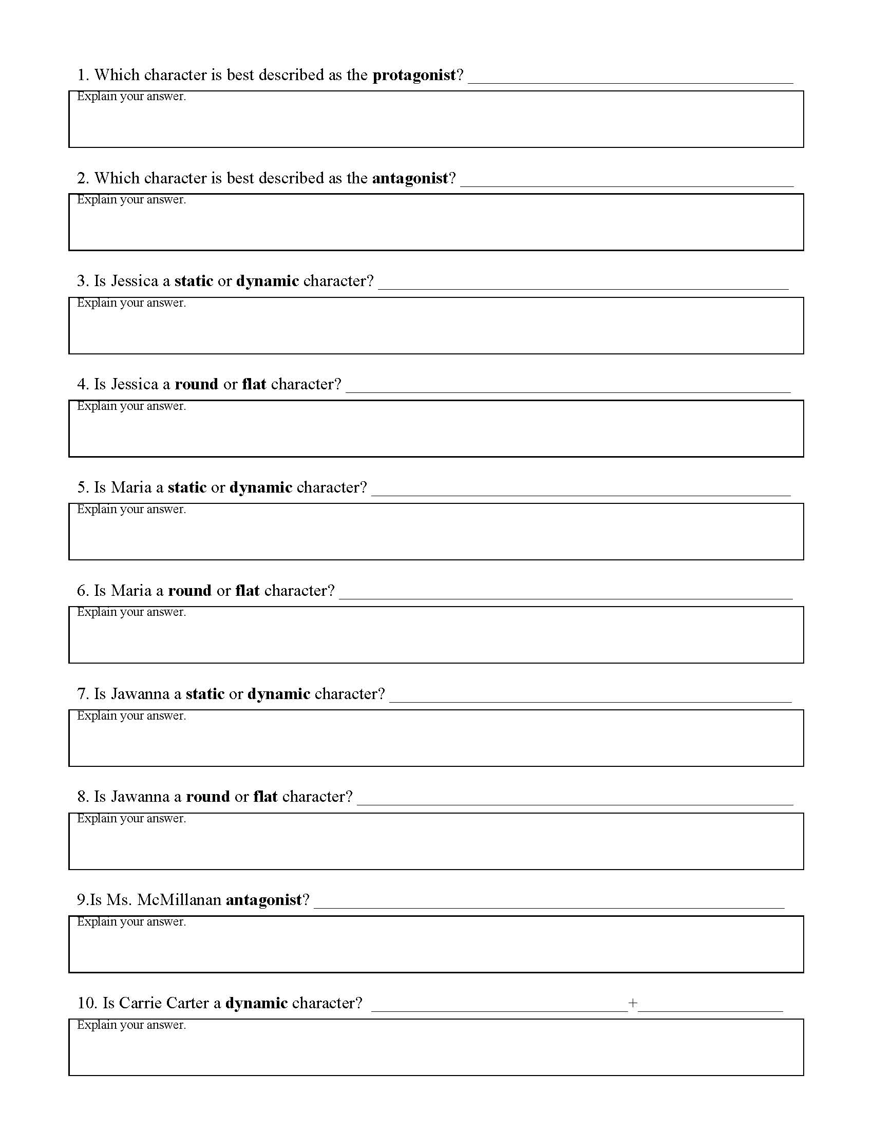 Character Traits Worksheet Pdf