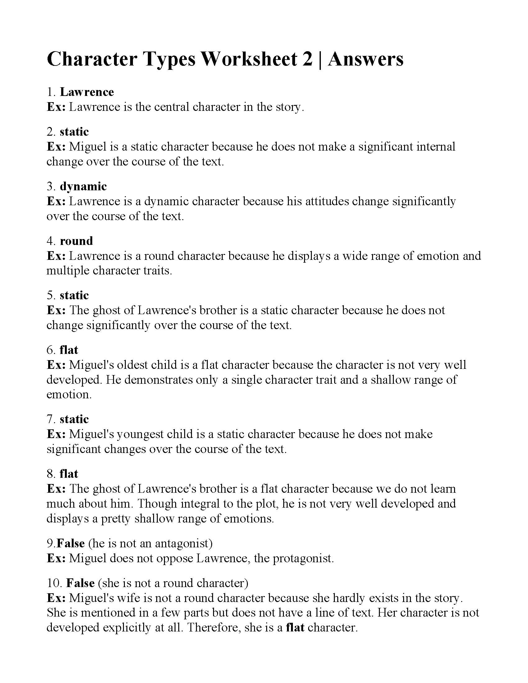 Character Types Worksheet 2 | Reading Activity