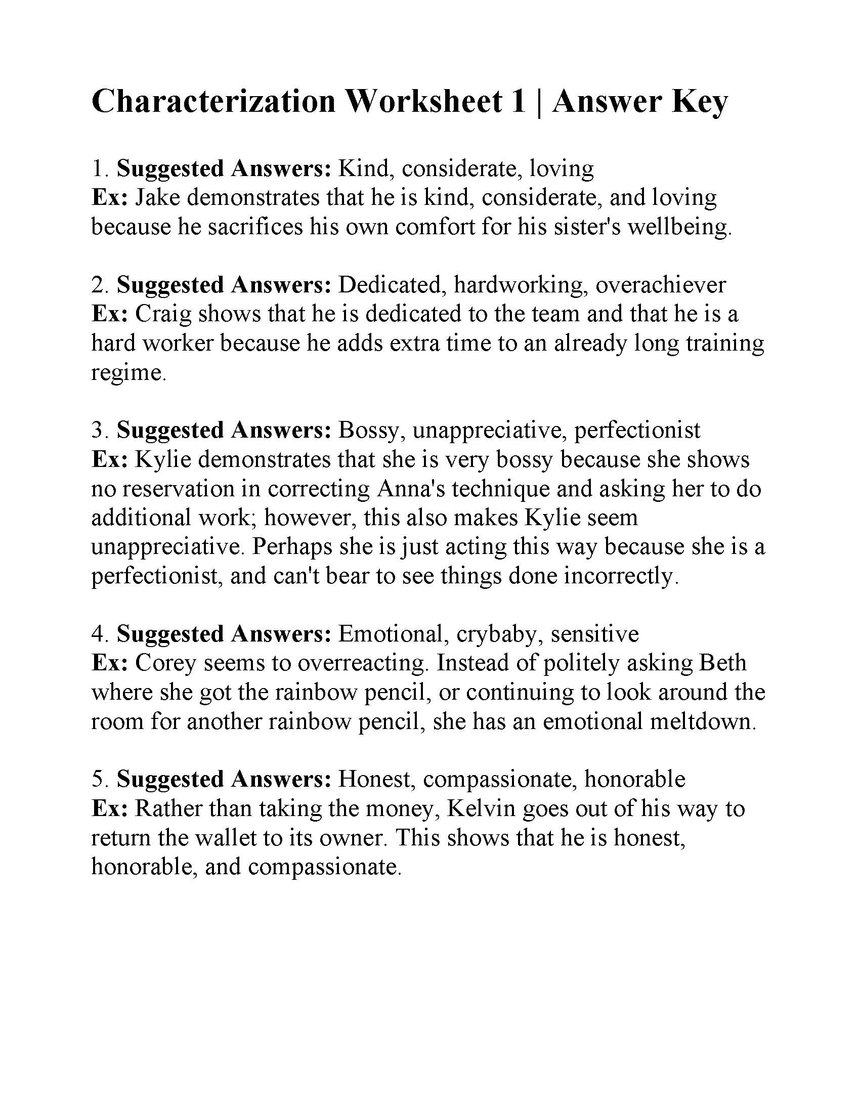 Direct And Indirect Characterization Worksheet With Answers