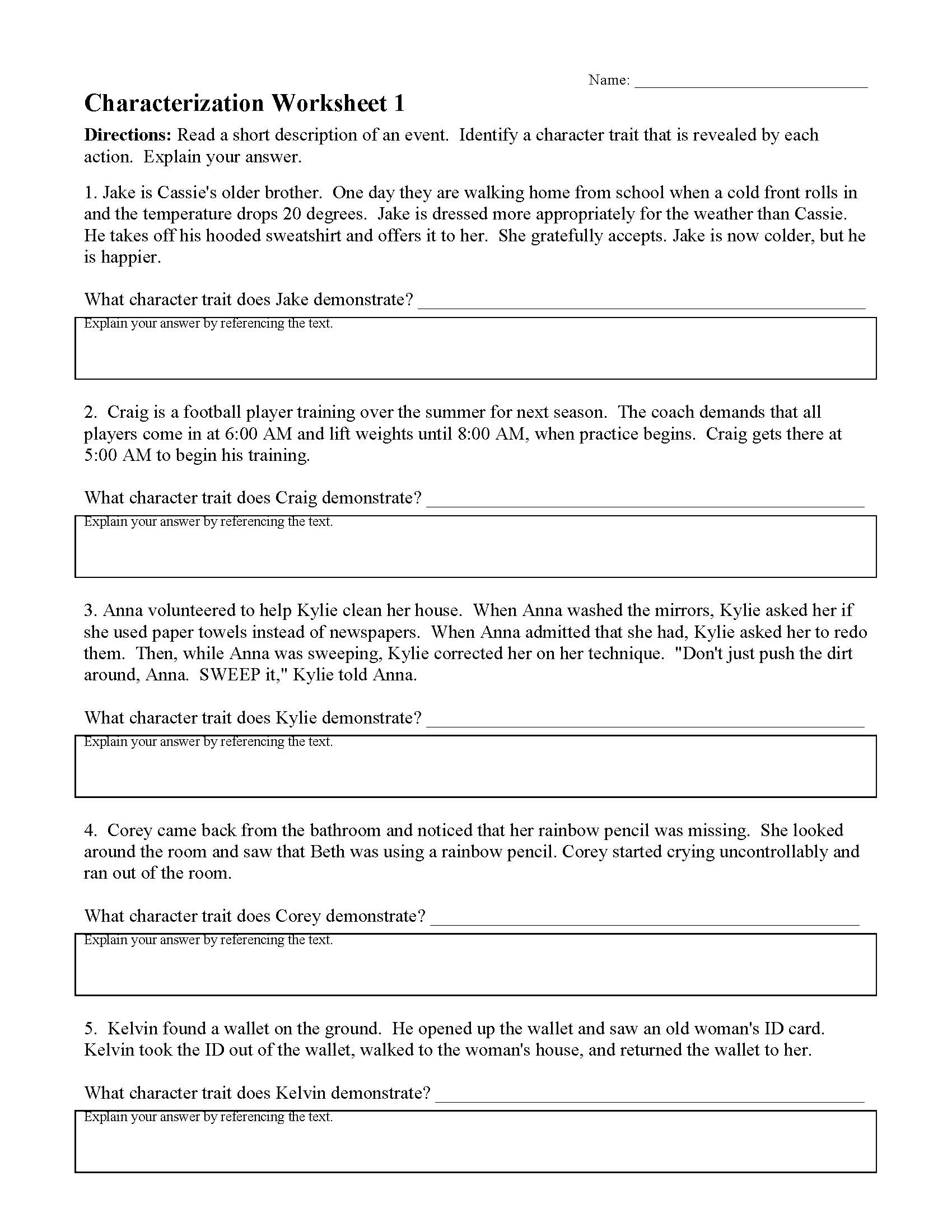 Characterization Worksheets | Ereading Worksheets