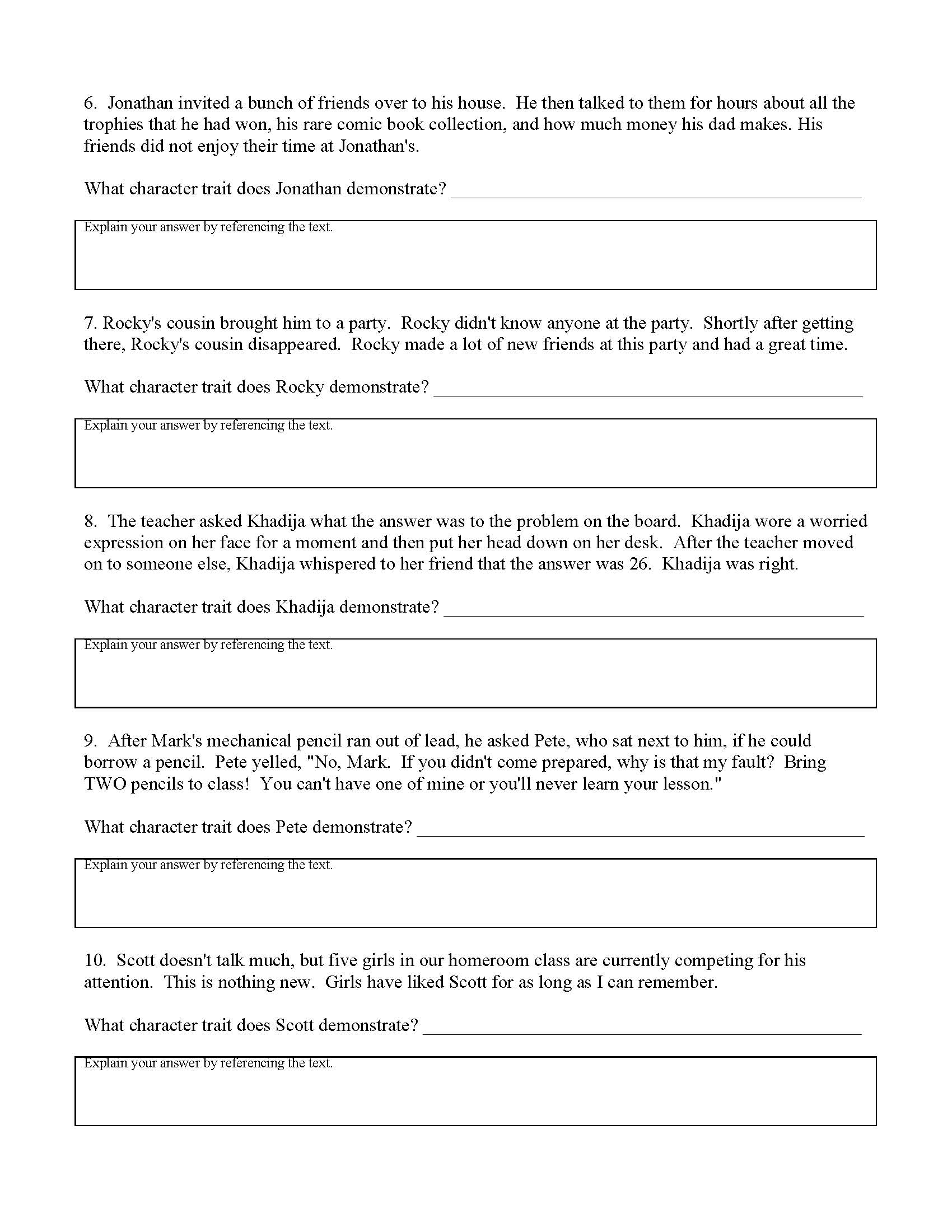 Direct And Indirect Characterization Worksheet