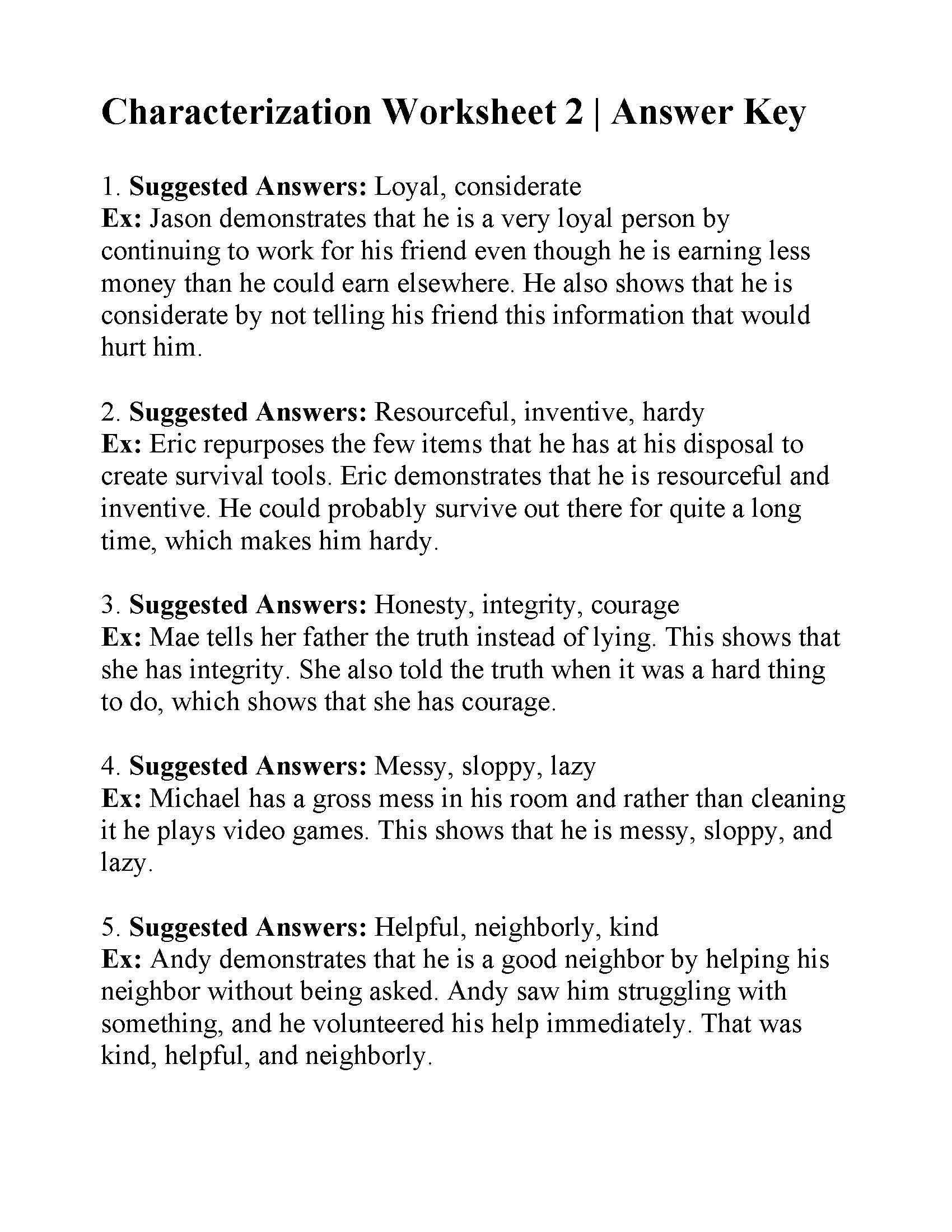 Characterization Worksheet 2 Answers