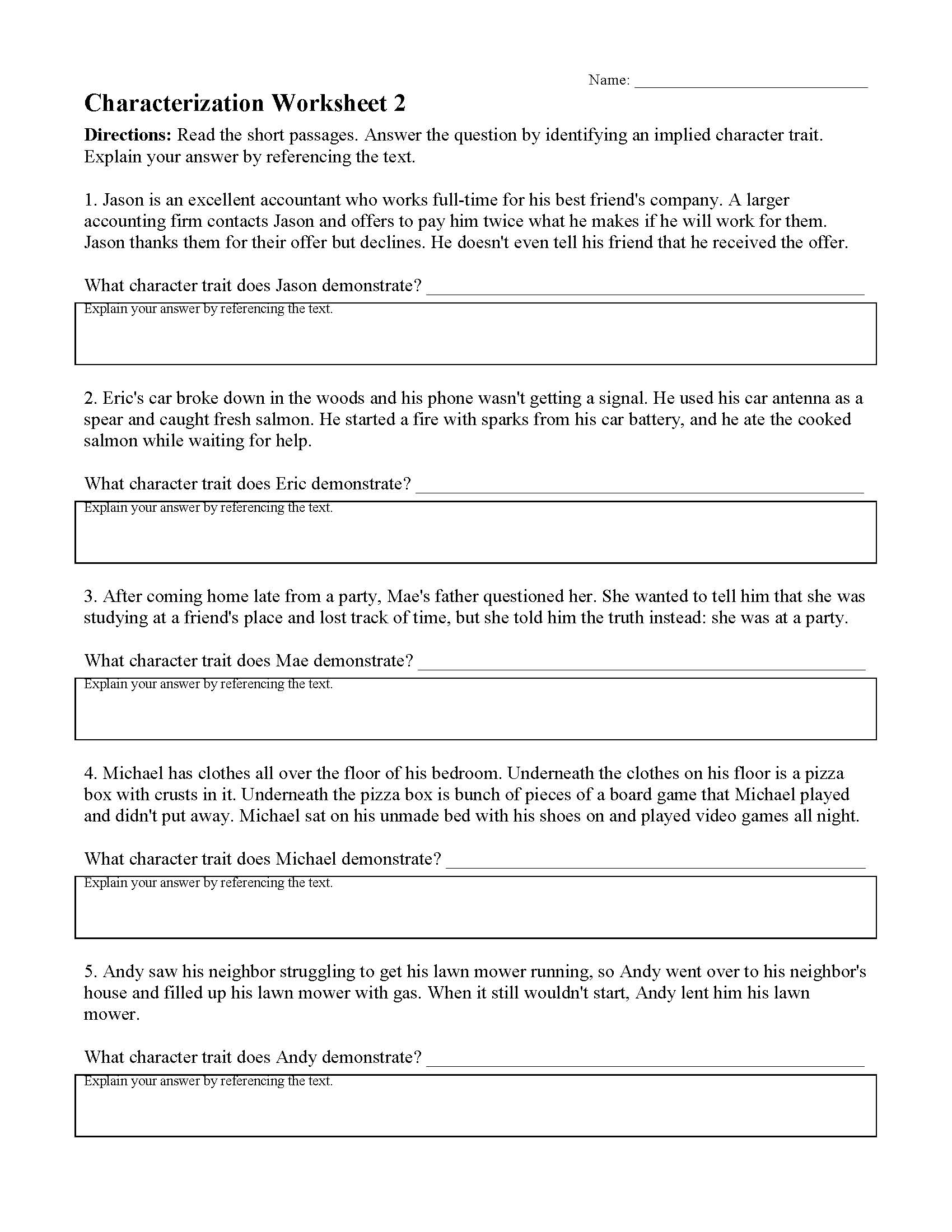 Characterizations Worksheet 2 | Reading Activity