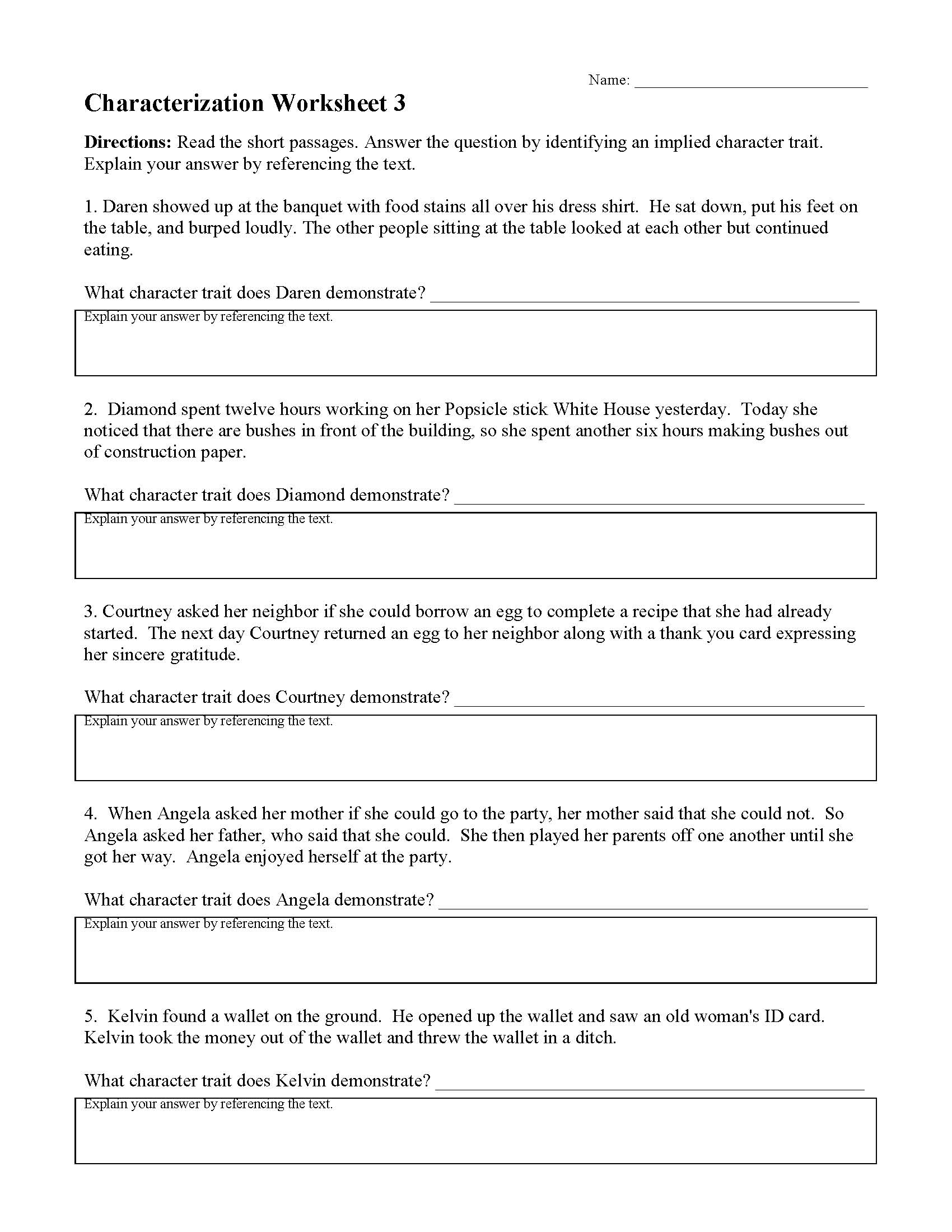 Characterization Worksheets Ereading Worksheets