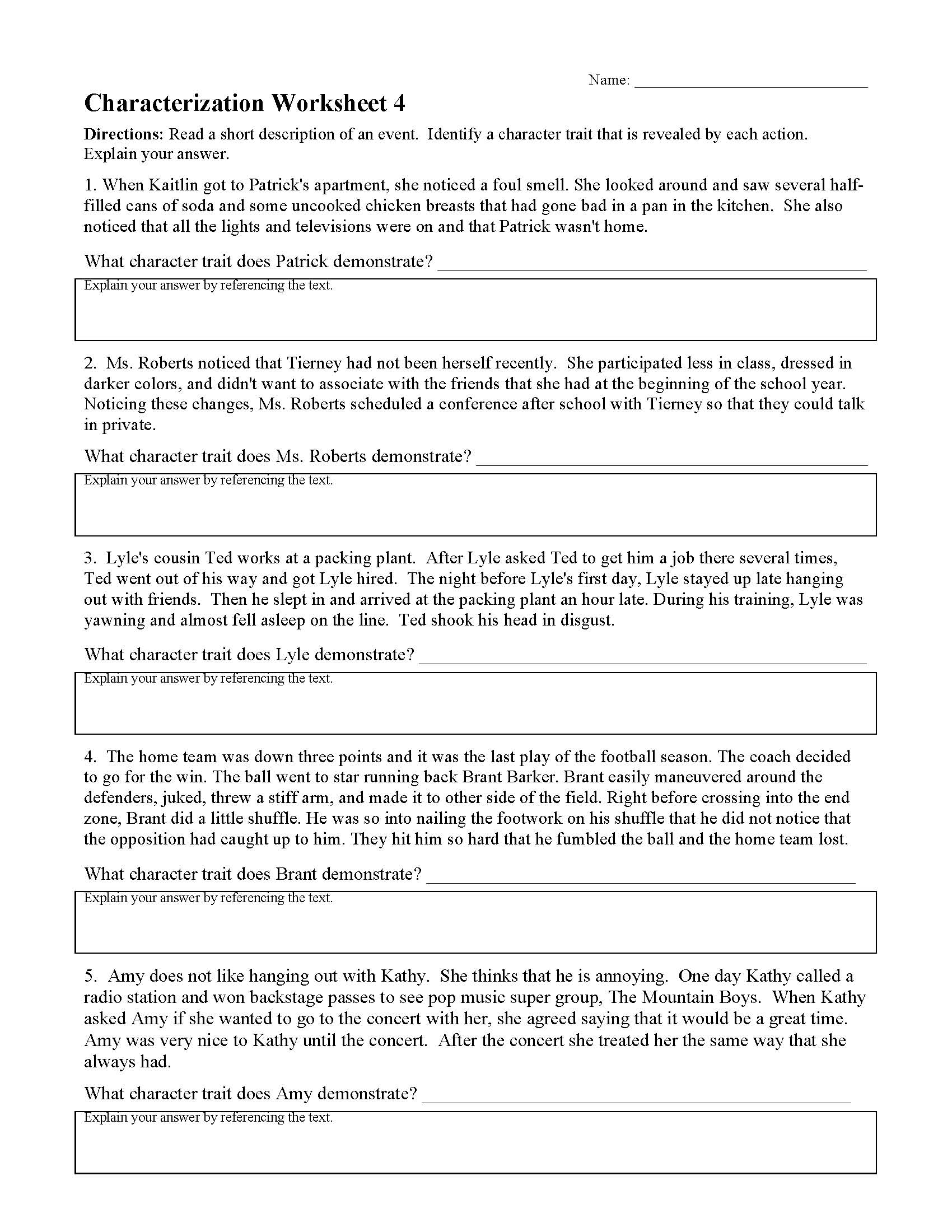 Characterization Worksheets  Ereading Worksheets With Regard To Identifying Character Traits Worksheet