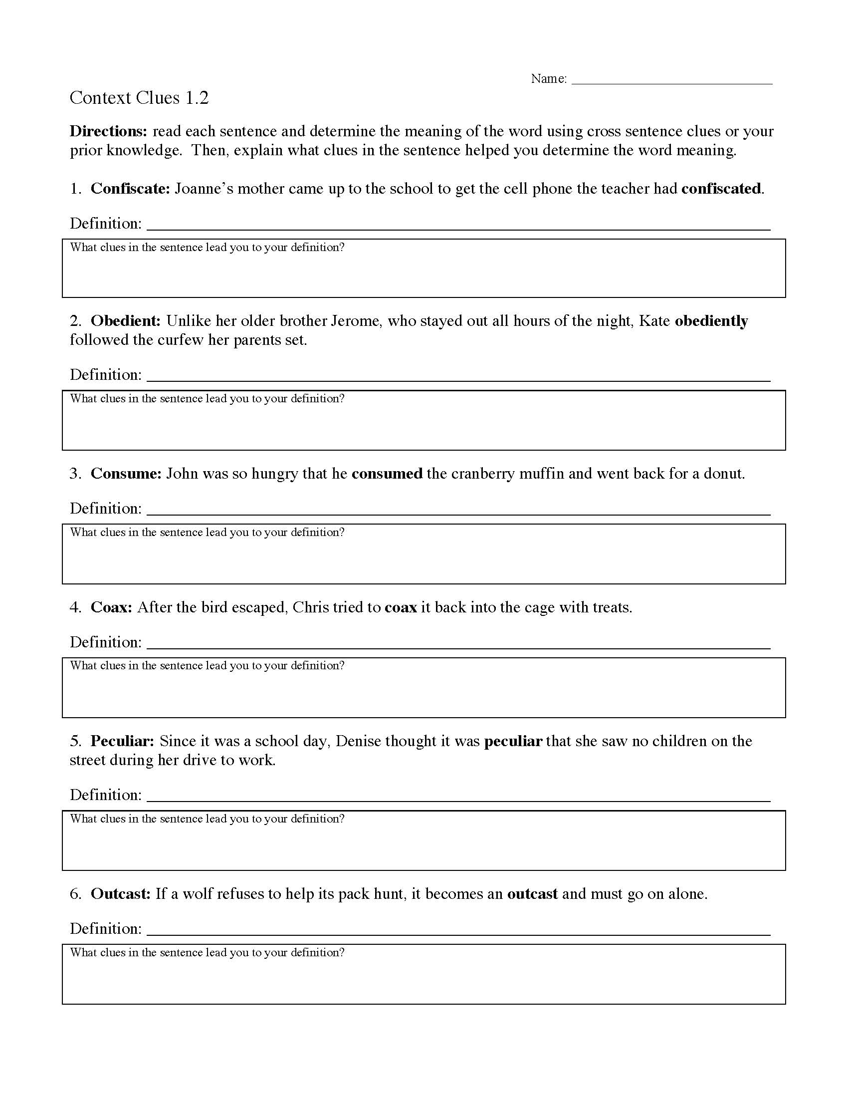 This is a preview image of Context Clues Worksheet 1.2. Click on it to enlarge it or view the source file.
