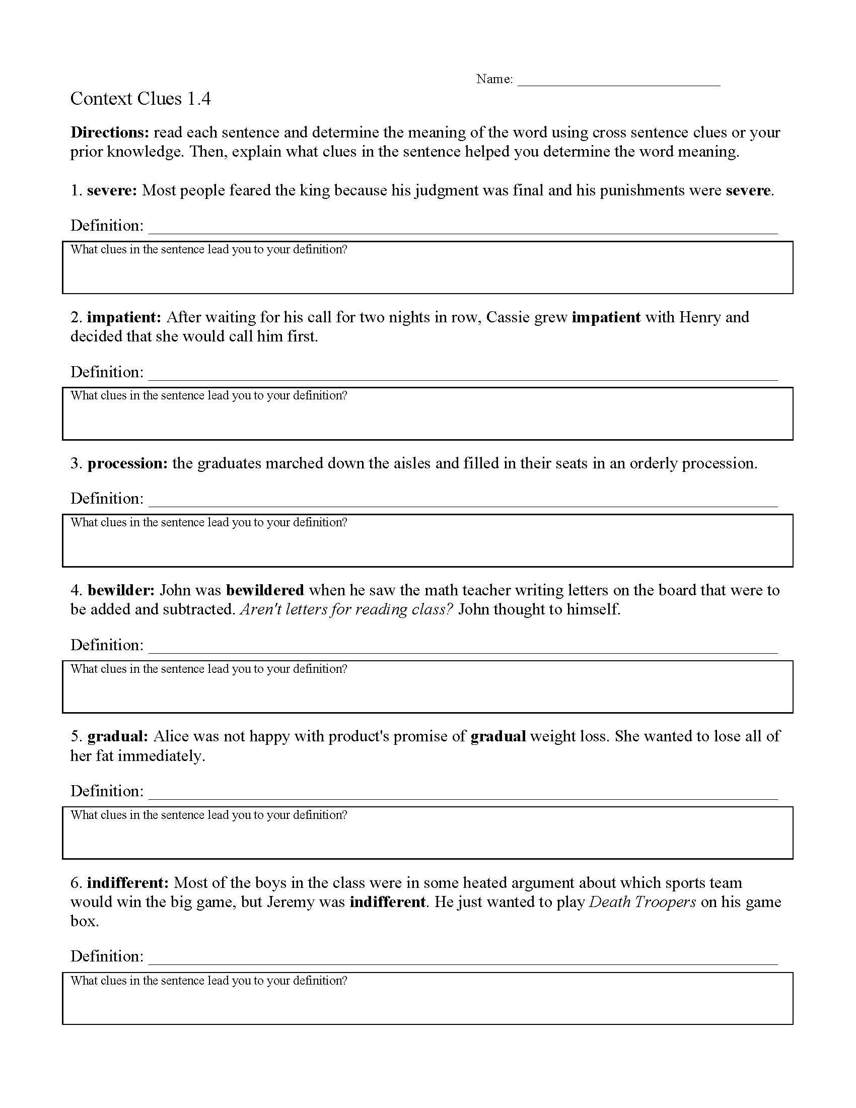 This is a preview image of Context Clues Worksheet 1.4. Click on it to enlarge it or view the source file.