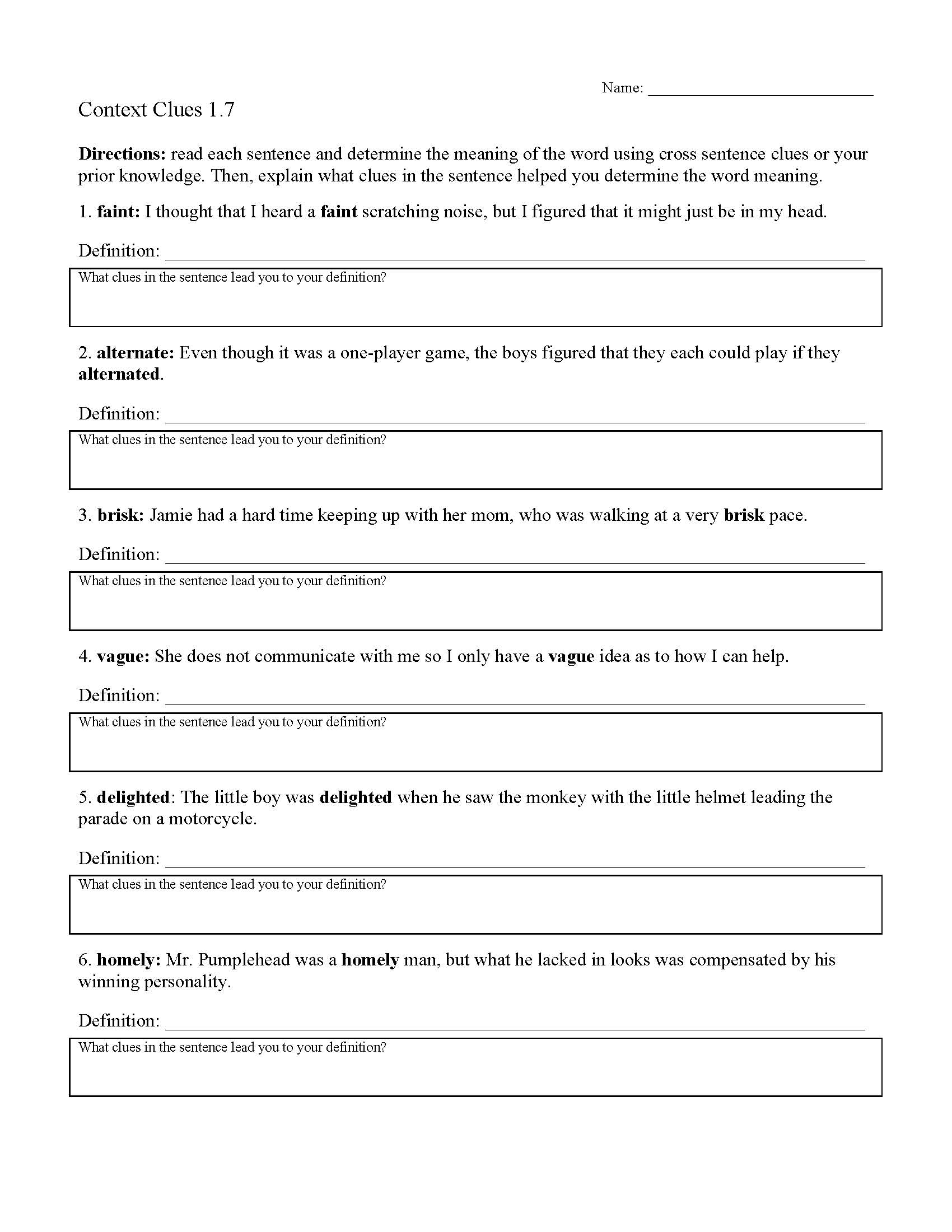 This is a preview image of Context Clues Worksheet 1.7. Click on it to enlarge it or view the source file.