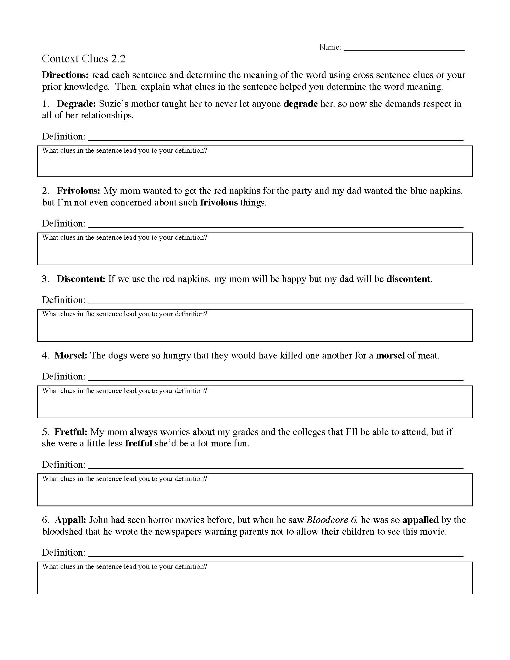This is a preview image of Context Clues Worksheet 2.2. Click on it to enlarge it or view the source file.