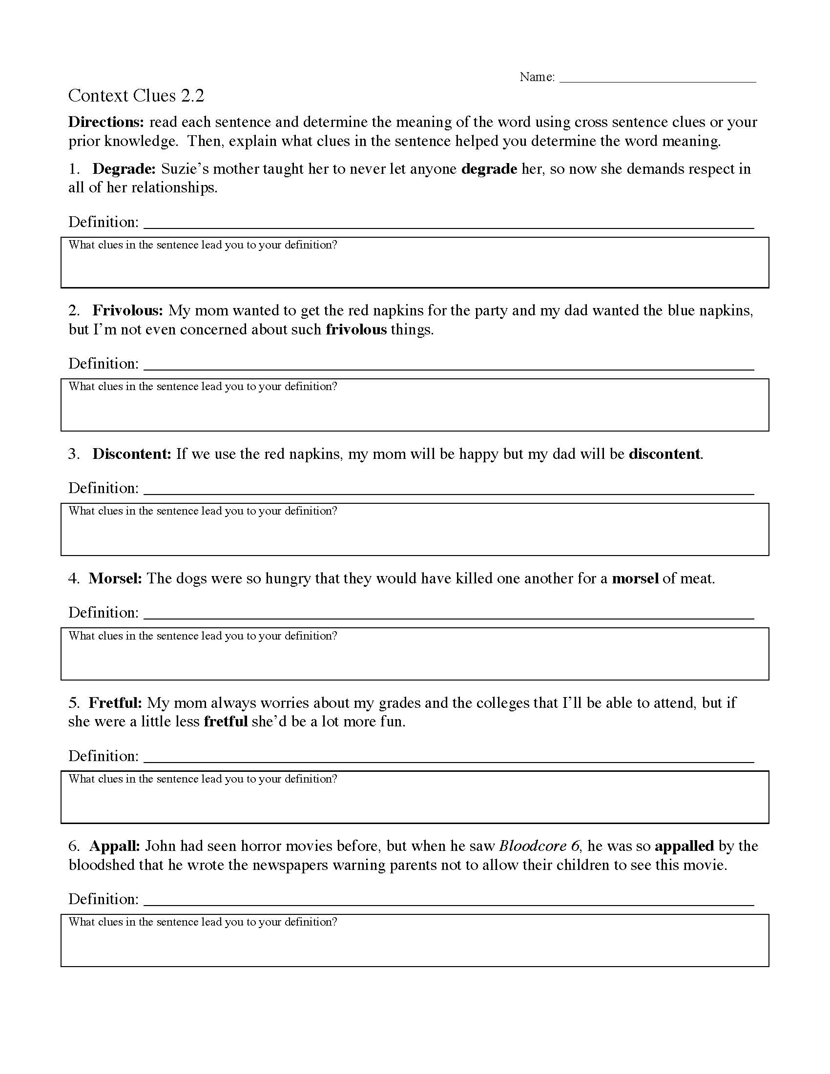 Context Clues Worksheet 2.2 | Reading Activity