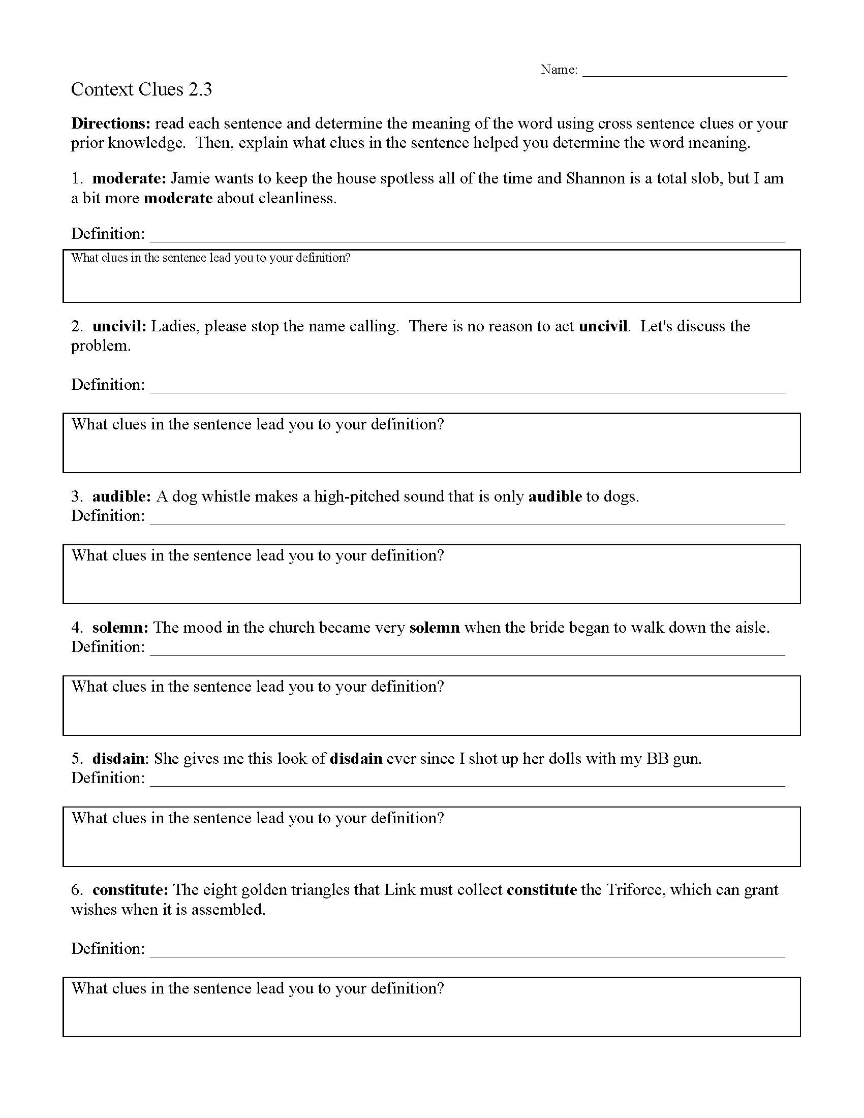 Context Clues In Sentences Worksheets