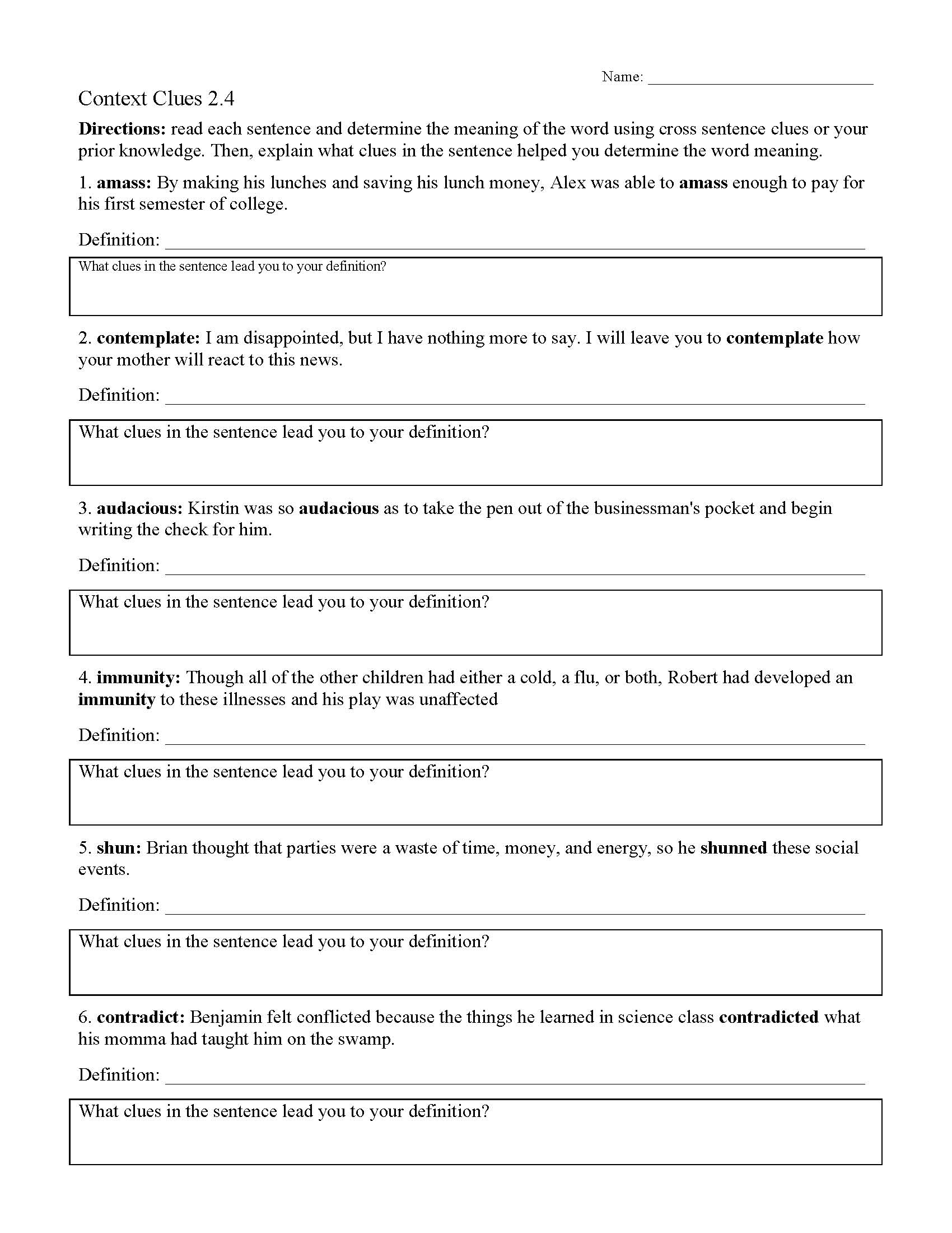 Context Clues Worksheet 2.4