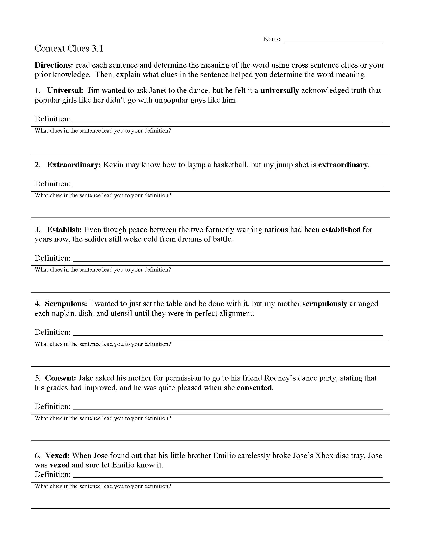 This is a preview image of Context Clues Worksheet 3.1. Click on it to enlarge it or view the source file.