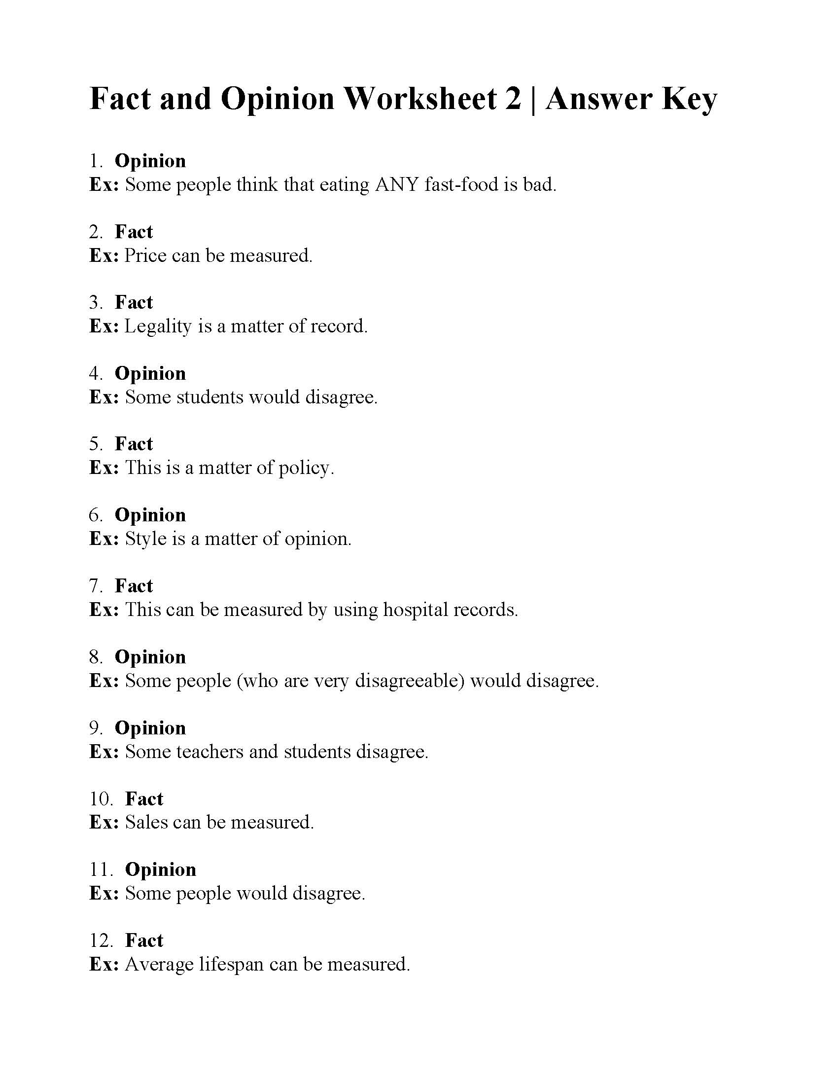 Fact And Opinion Worksheet 2 Reading Activity
