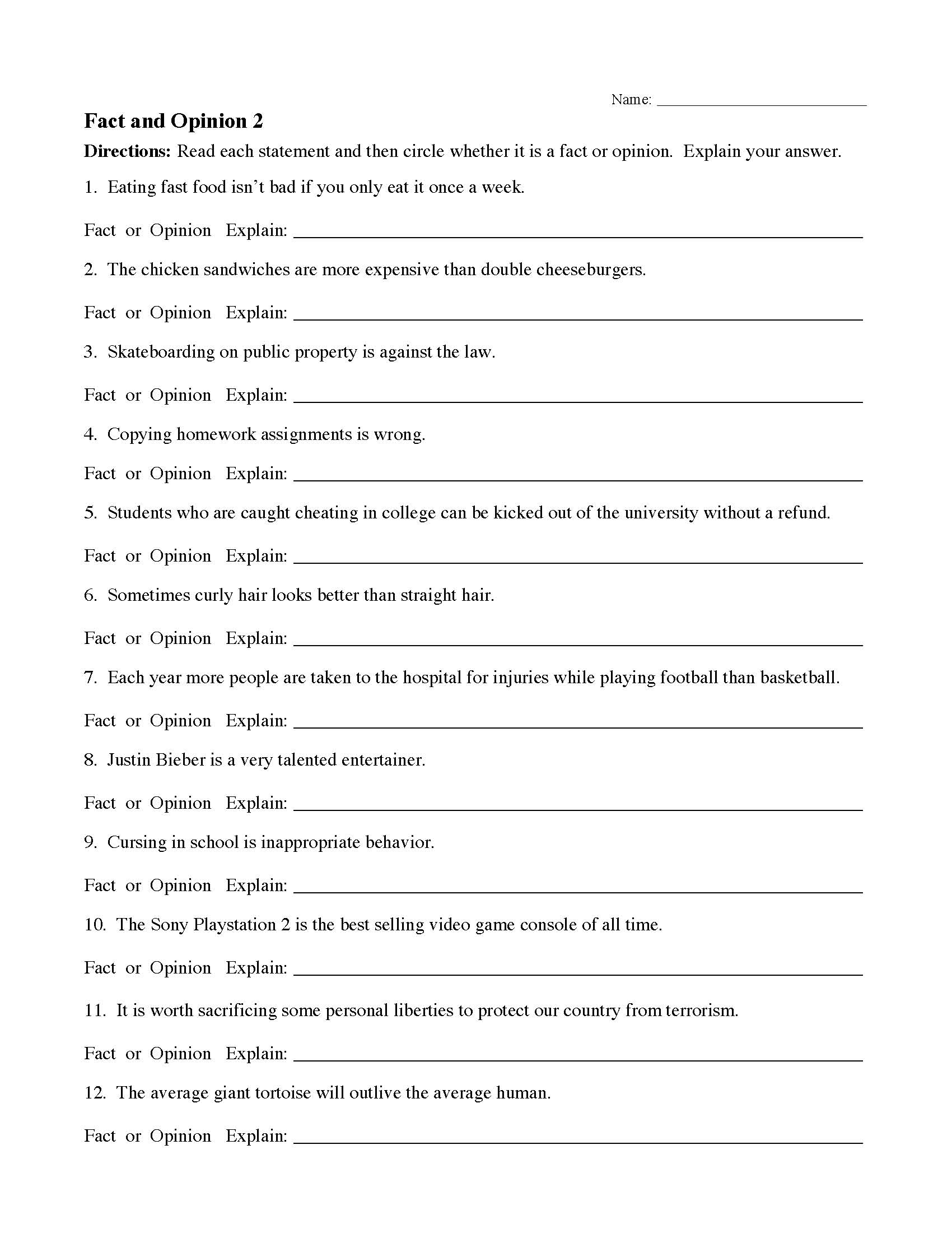 This is a preview image of Fact and Opinion Worksheet 2. Click on it to enlarge it or view the source file.