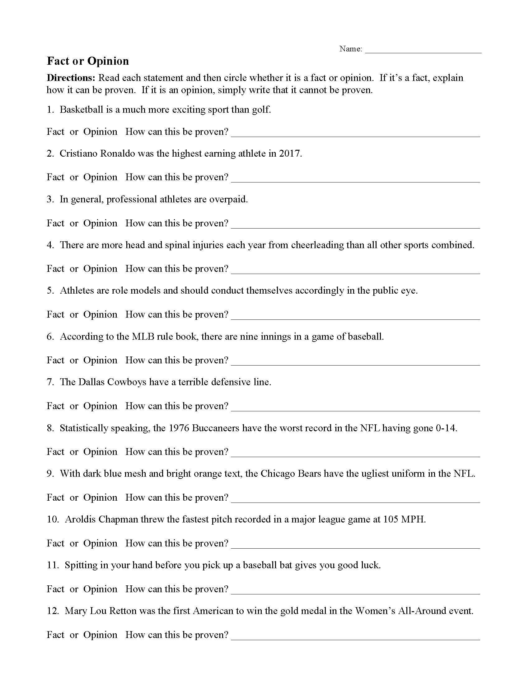 Fact Vs Opinion Worksheets Fact Or Opinion Worksheet