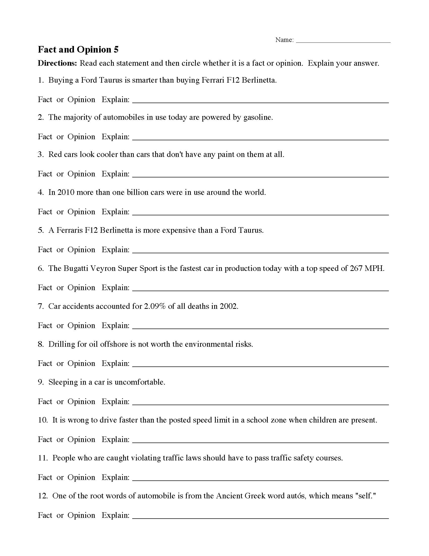 Identify Fact And Opinion Worksheets