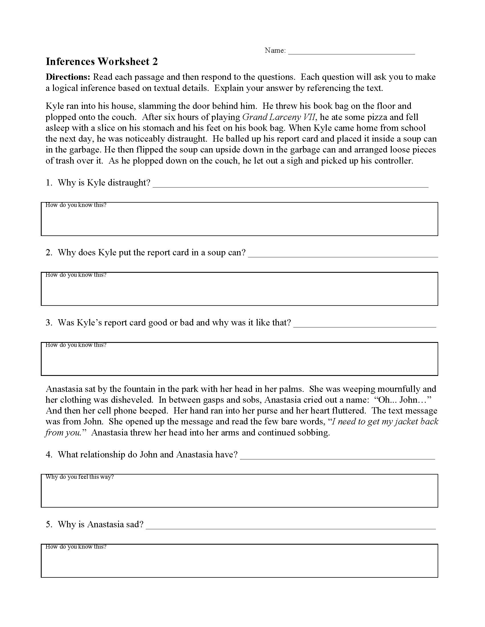 Inferences Worksheets  Ereading Worksheets With Citing Textual Evidence Worksheet
