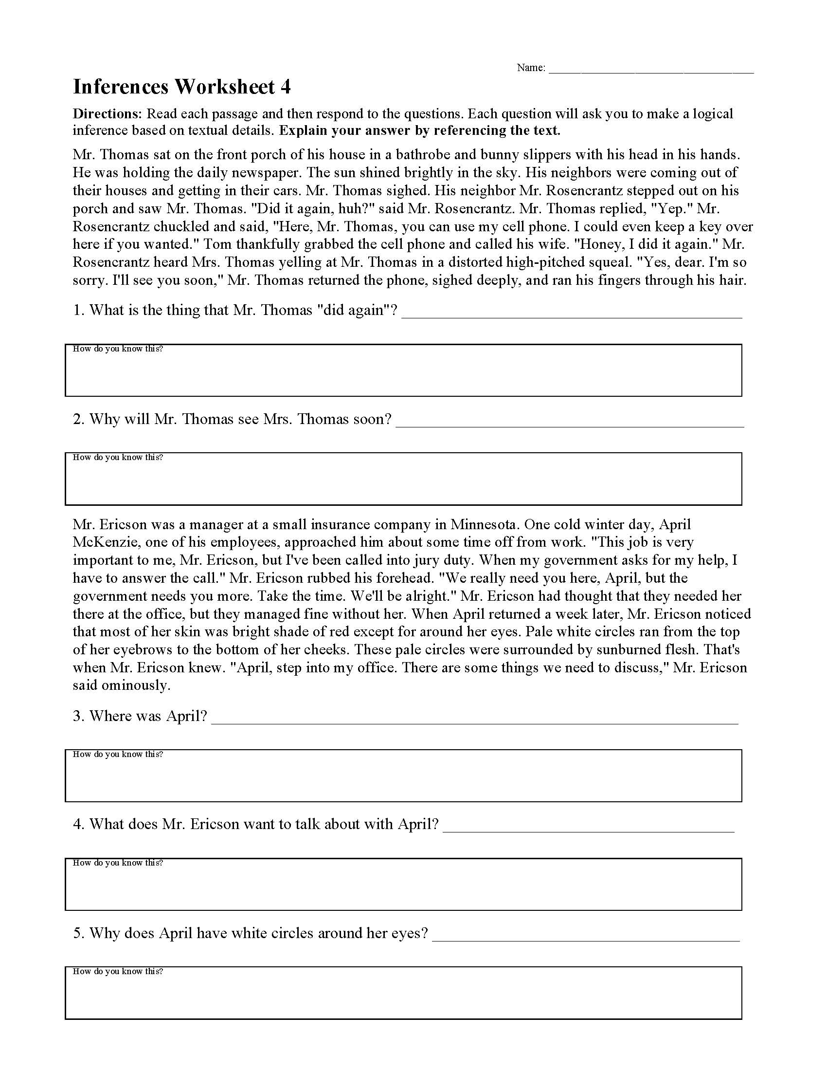 Inferences Worksheet 4 Reading Activity