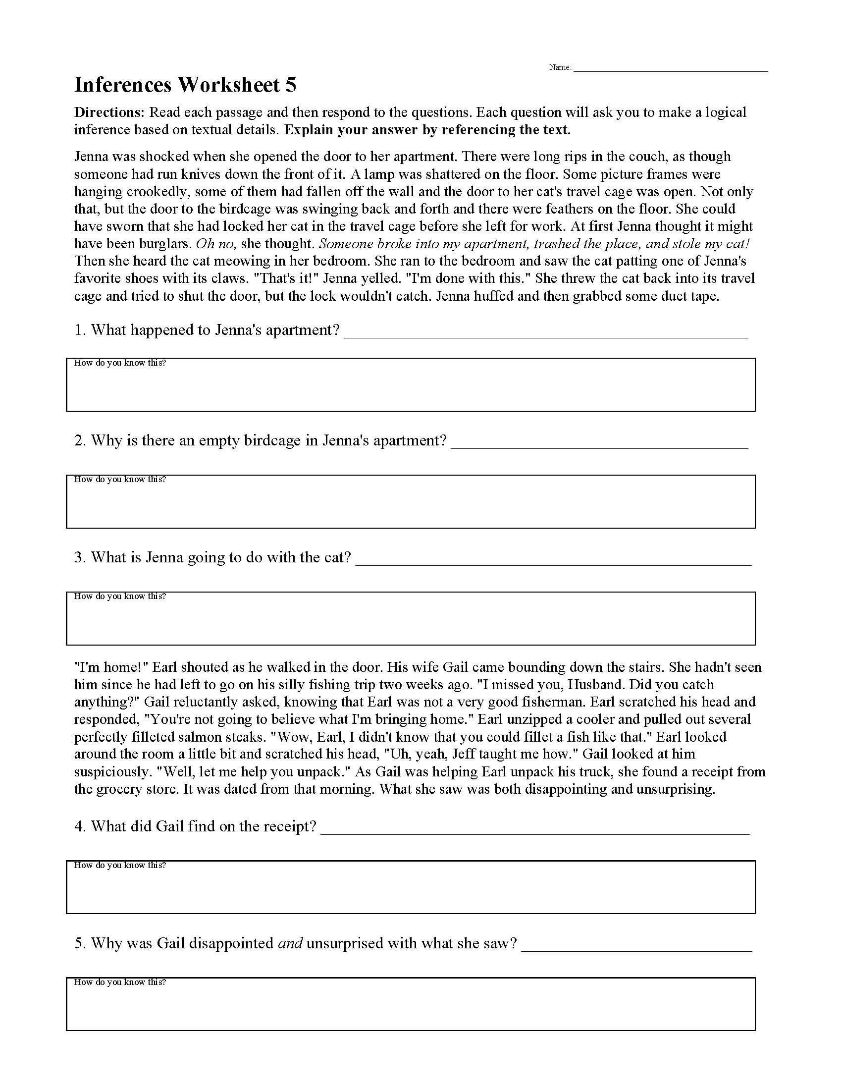 Inferences Worksheet 5 Reading Activity